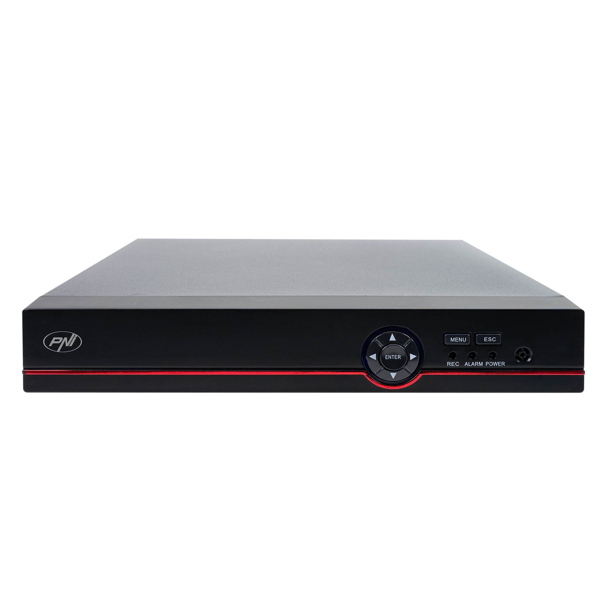 Schwarzer DVR-Rekorder mit rotem Streifen. Hat Tasten wie Enter, Menü, Esc. Der Hintergrund ist weiß.