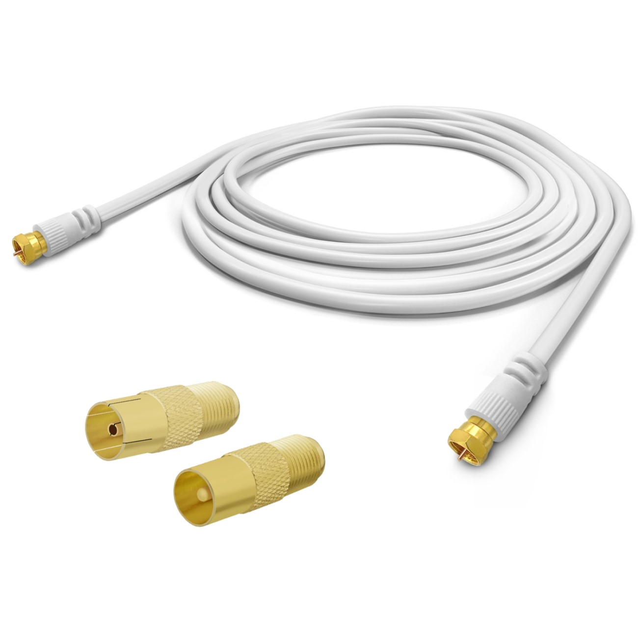 Ein weißes Kabel mit zwei goldenen Steckern und einem einzelnen Stecker. Der Hintergrund ist weiß.