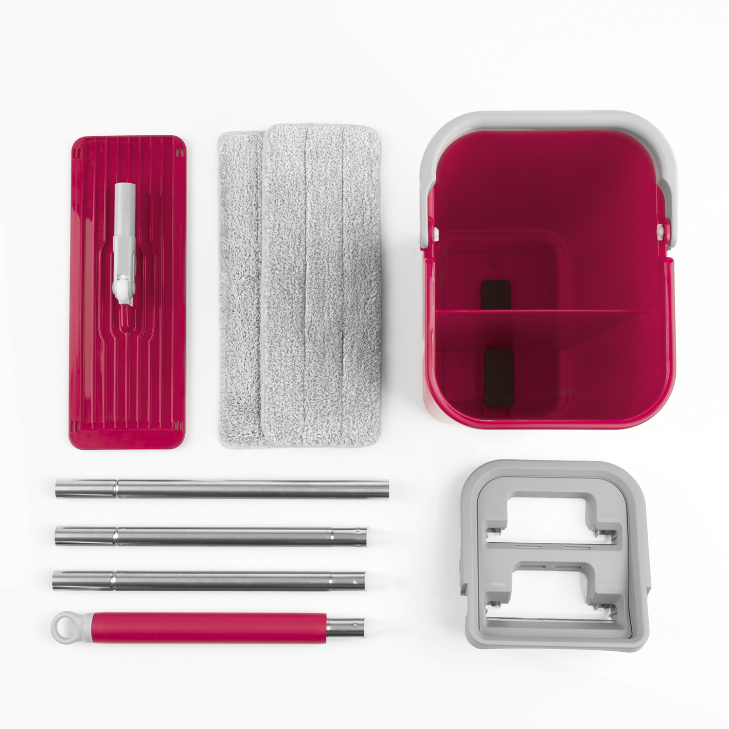 Set di pulizia smontato: testina del mocio rossa, panni per mocio grigi, pali in acciaio inossidabile e secchio rosso.