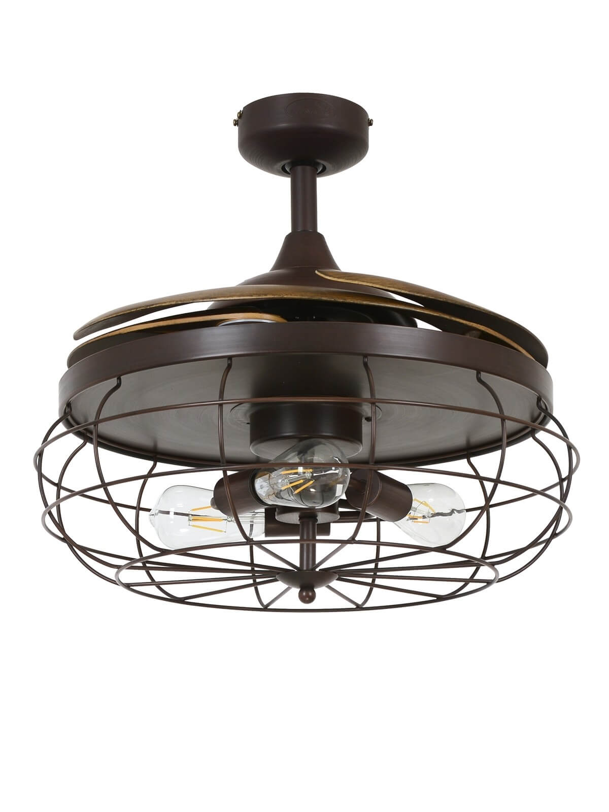 Ein brauner Deckenventilator mit drei Glühbirnen. Es hat ein käfigartiges Design.