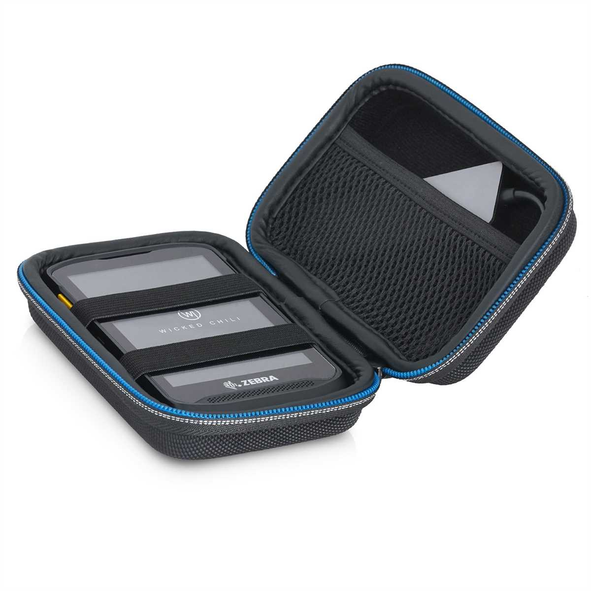 Schwarze, offene Hülle mit zwei schwarzen Geräten, blauem Reißverschluss und Netztasche.
