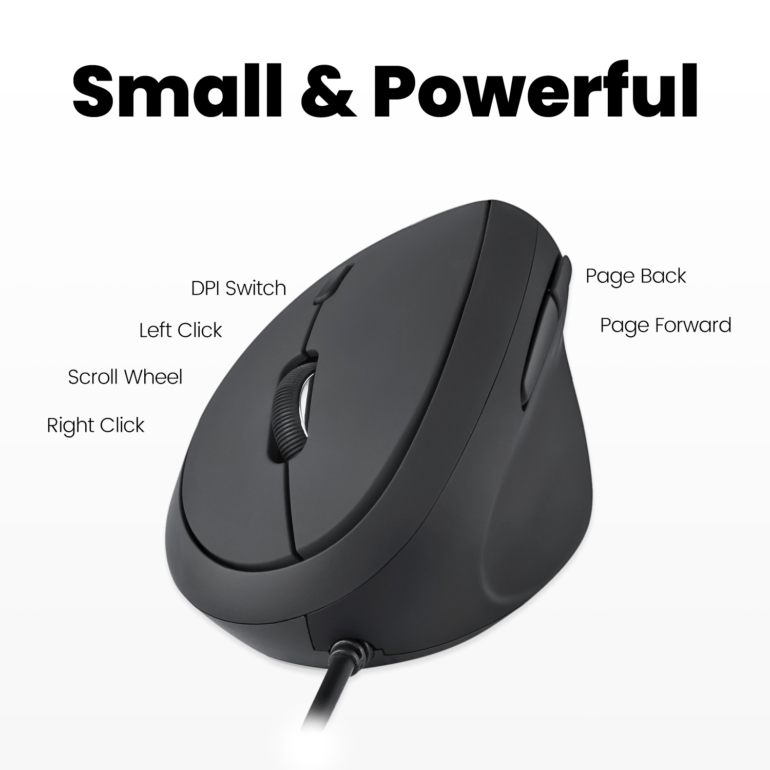Mouse ergonomico nero. Caratteristiche: interruttore DPI, clic sinistro/destro, rotella e pulsanti pagina indietro/avanti.