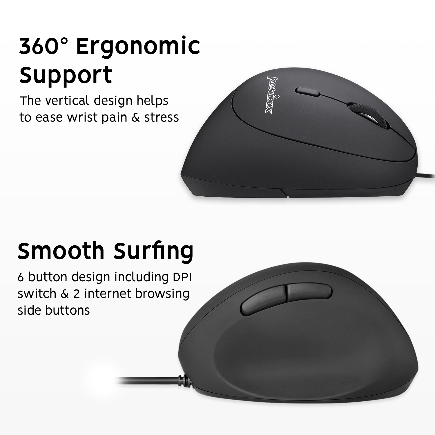 Due mouse ergonomici neri con testo che descrive le funzionalità.