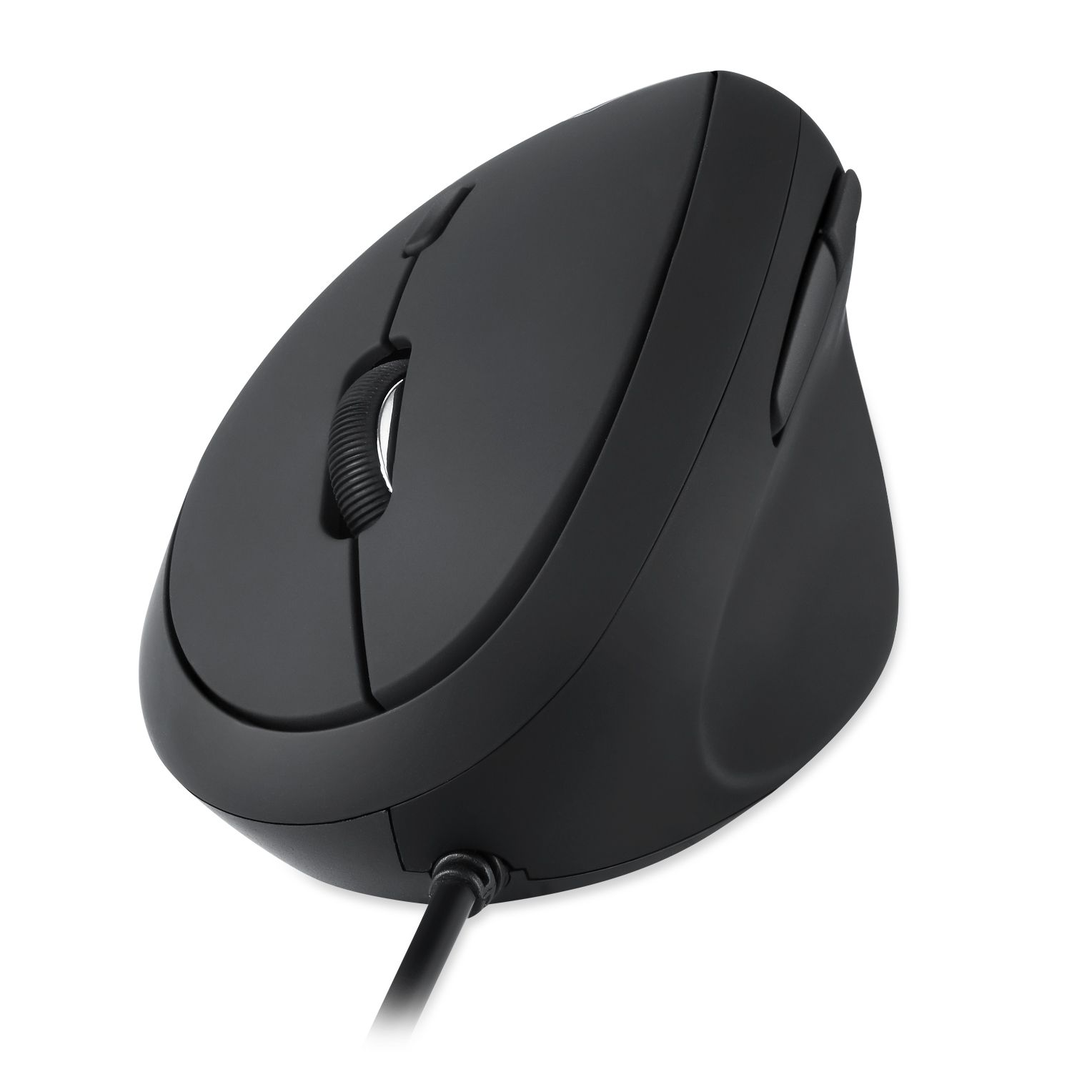 Un mouse ergonomico nero con un design curvo e una rotella di scorrimento.