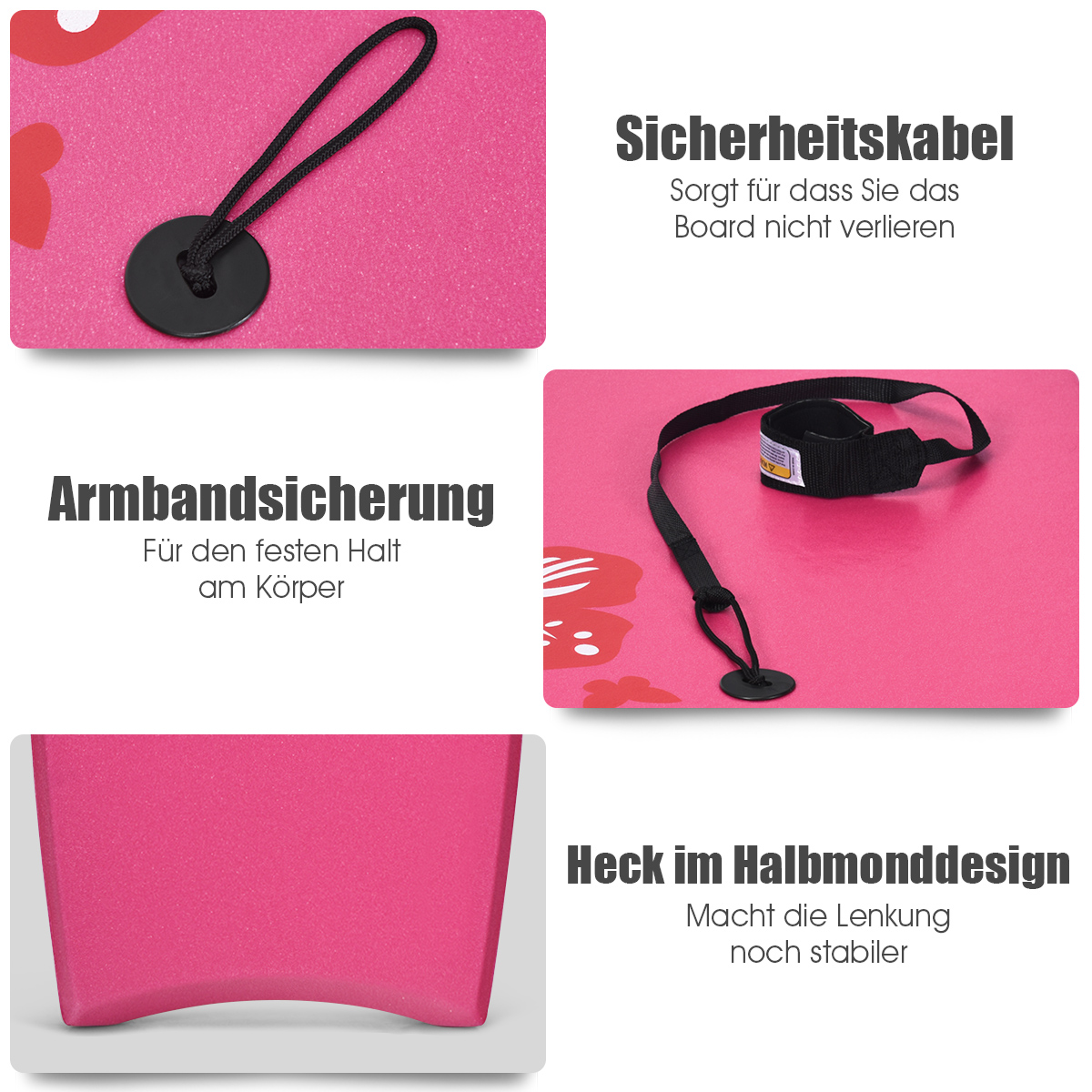Rosa Schaumstoffplatte mit schwarzem Kabel, runder Scheibe und Text. Rosa Schaumstoffplatte mit Text.