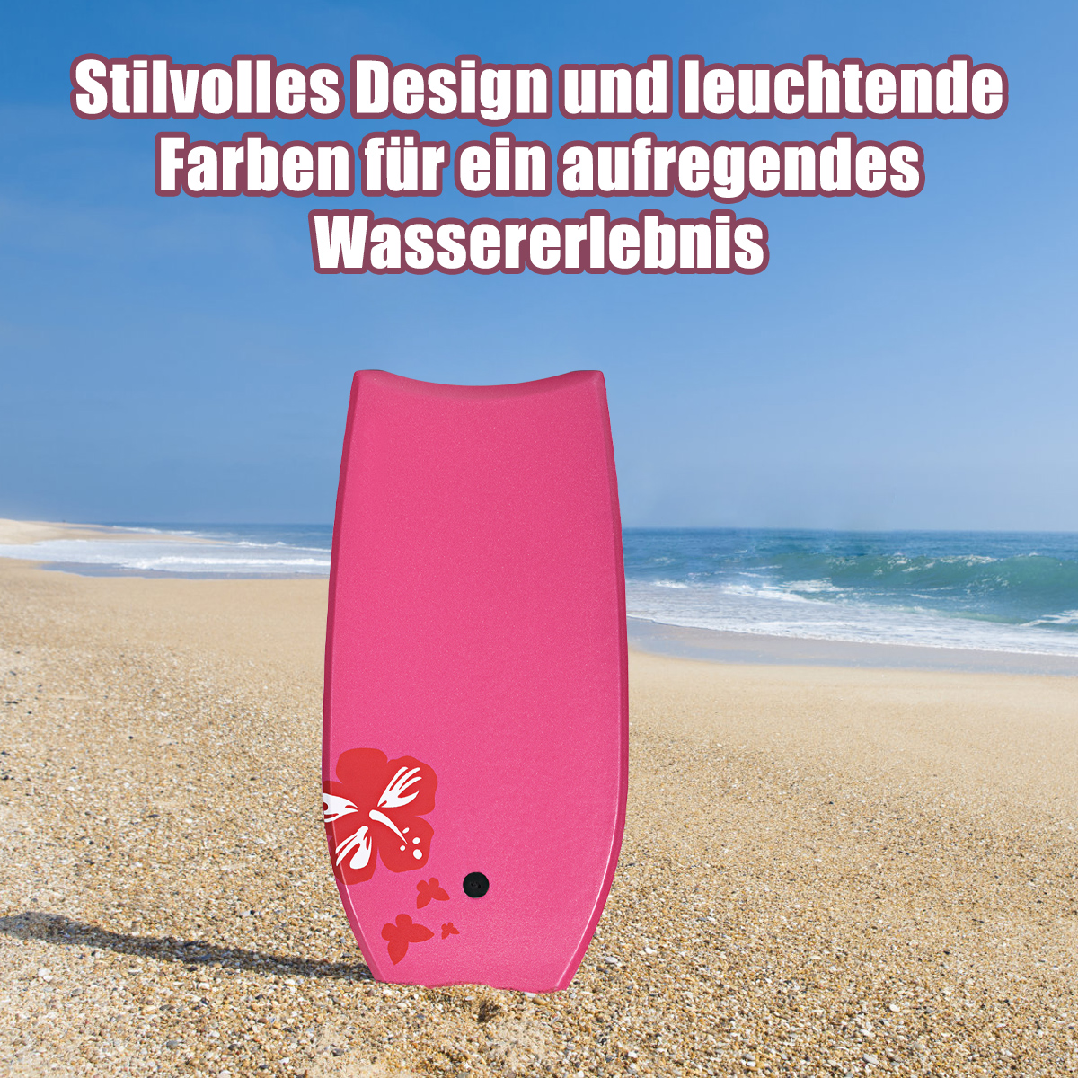 Rosa Bodyboard an einem Sandstrand mit blauem Wasser und Himmel. Text steht oben.