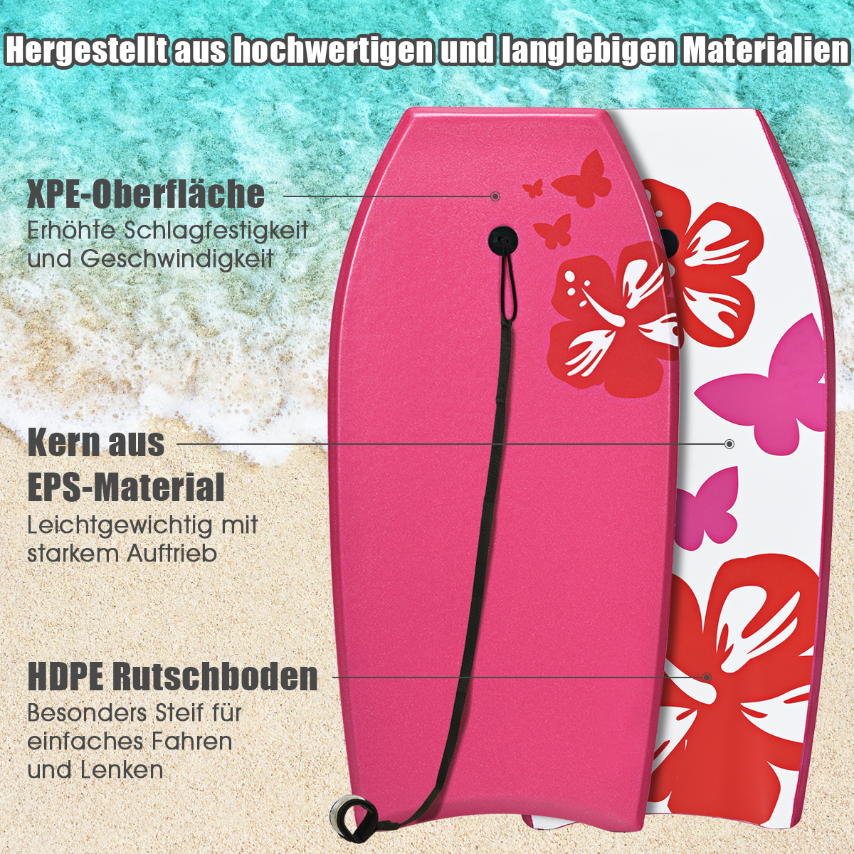 Zwei rosa Bodyboards mit Text, Schmetterlingen und Hibiskusblüten an einem Sandstrand.
