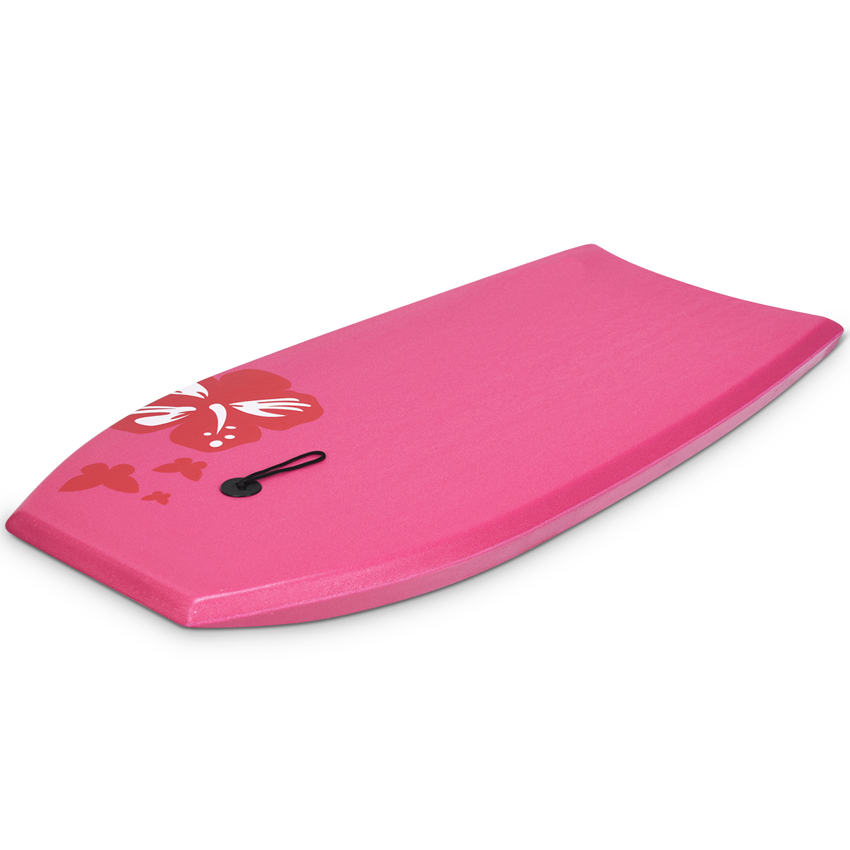 Ein pinkes Bodyboard mit weißem Blumendesign und schwarzem Griff auf weißem Hintergrund.
