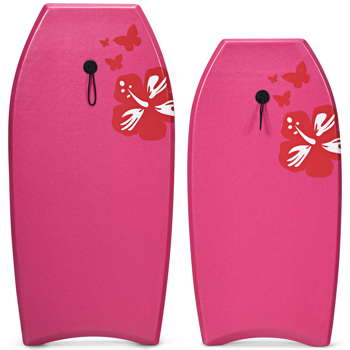 Zwei rosa Bodyboards mit roten Hibiskusblüten und Schmetterlingen darauf.