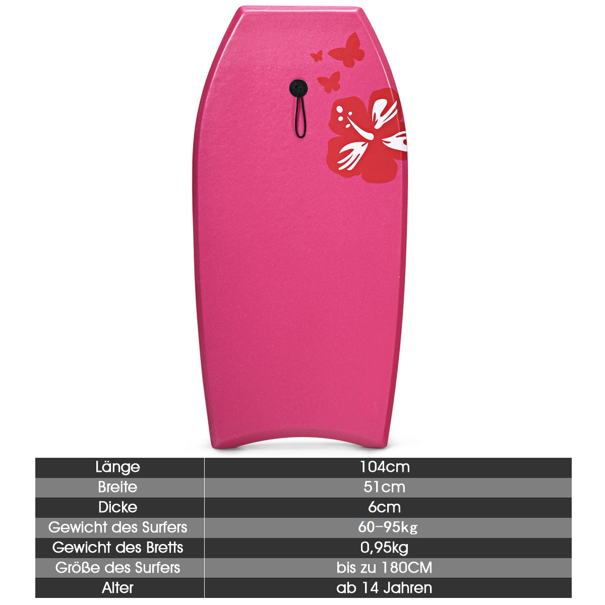 Rosa Bodyboard mit rotem Blumendesign und schwarzer Leine, mit Maßtabelle.
