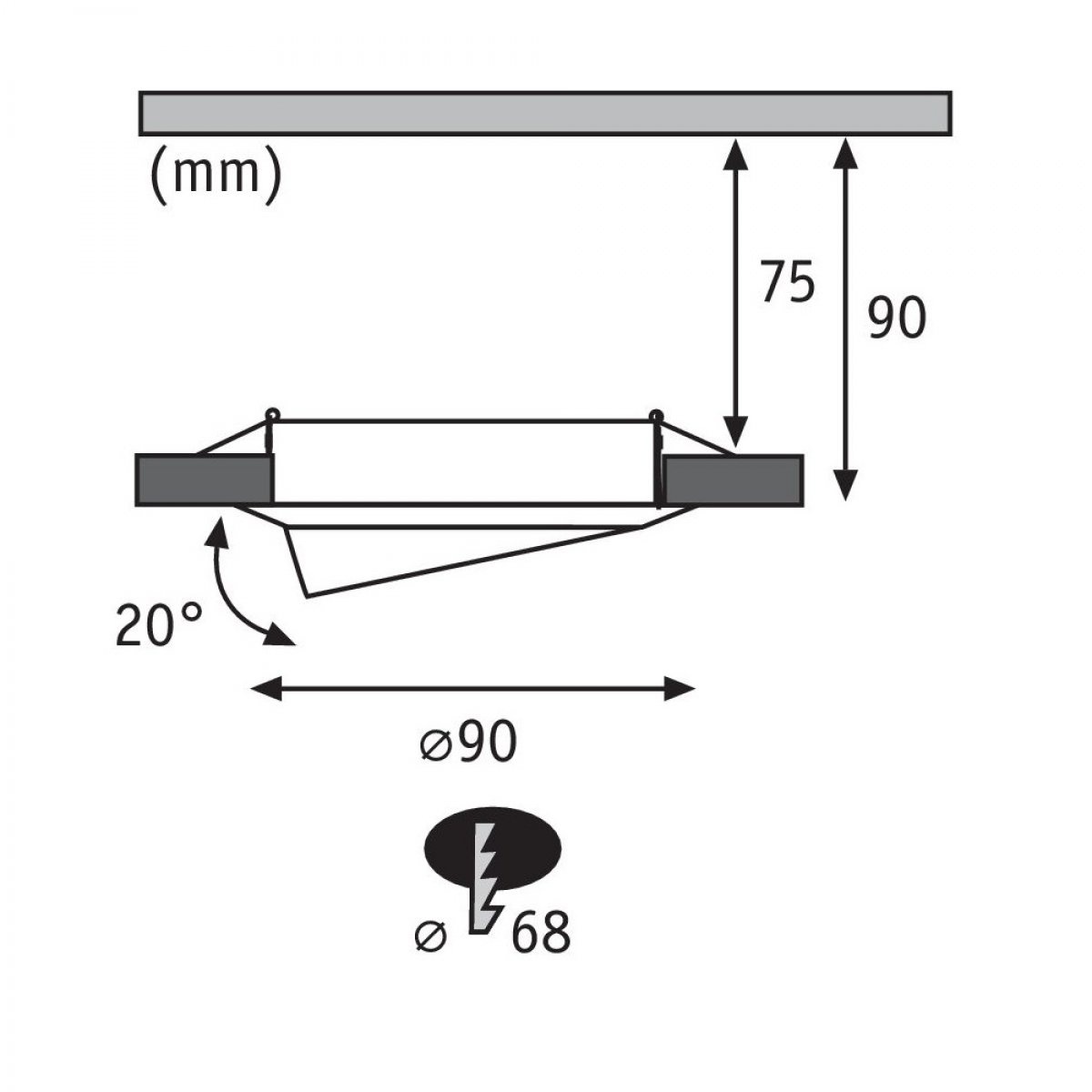 Ein Diagramm mit Messungen. Es zeigt eine Leuchte, Maße von 75 mm und 90 mm. Es hat auch einen 20-Grad-Winkel.