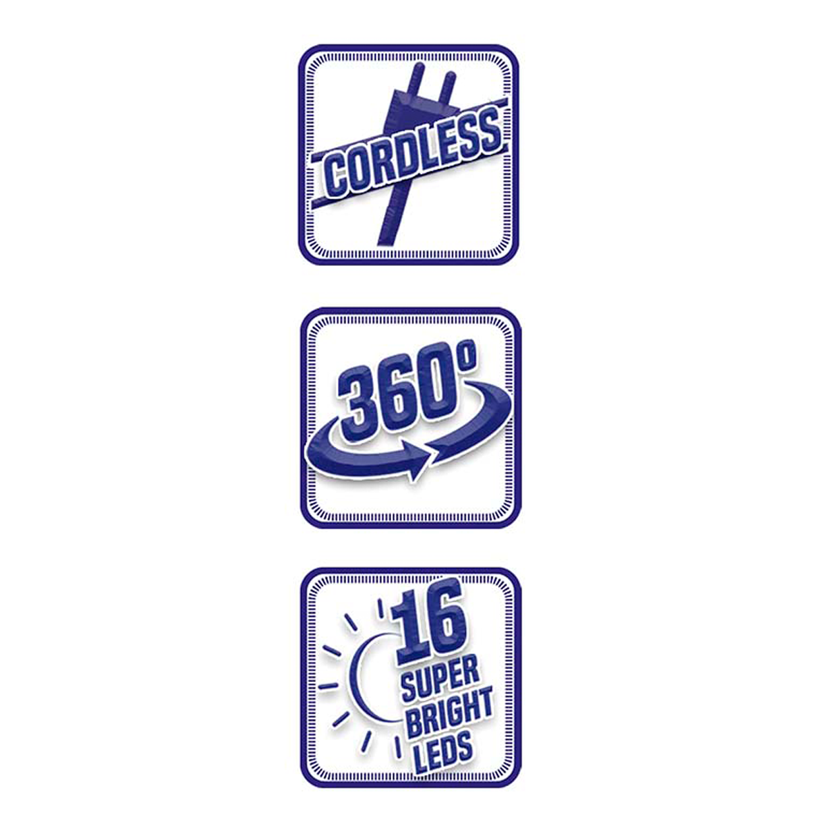 Drei Symbole, die schnurlos, 360° und 16 LEDs anzeigen.