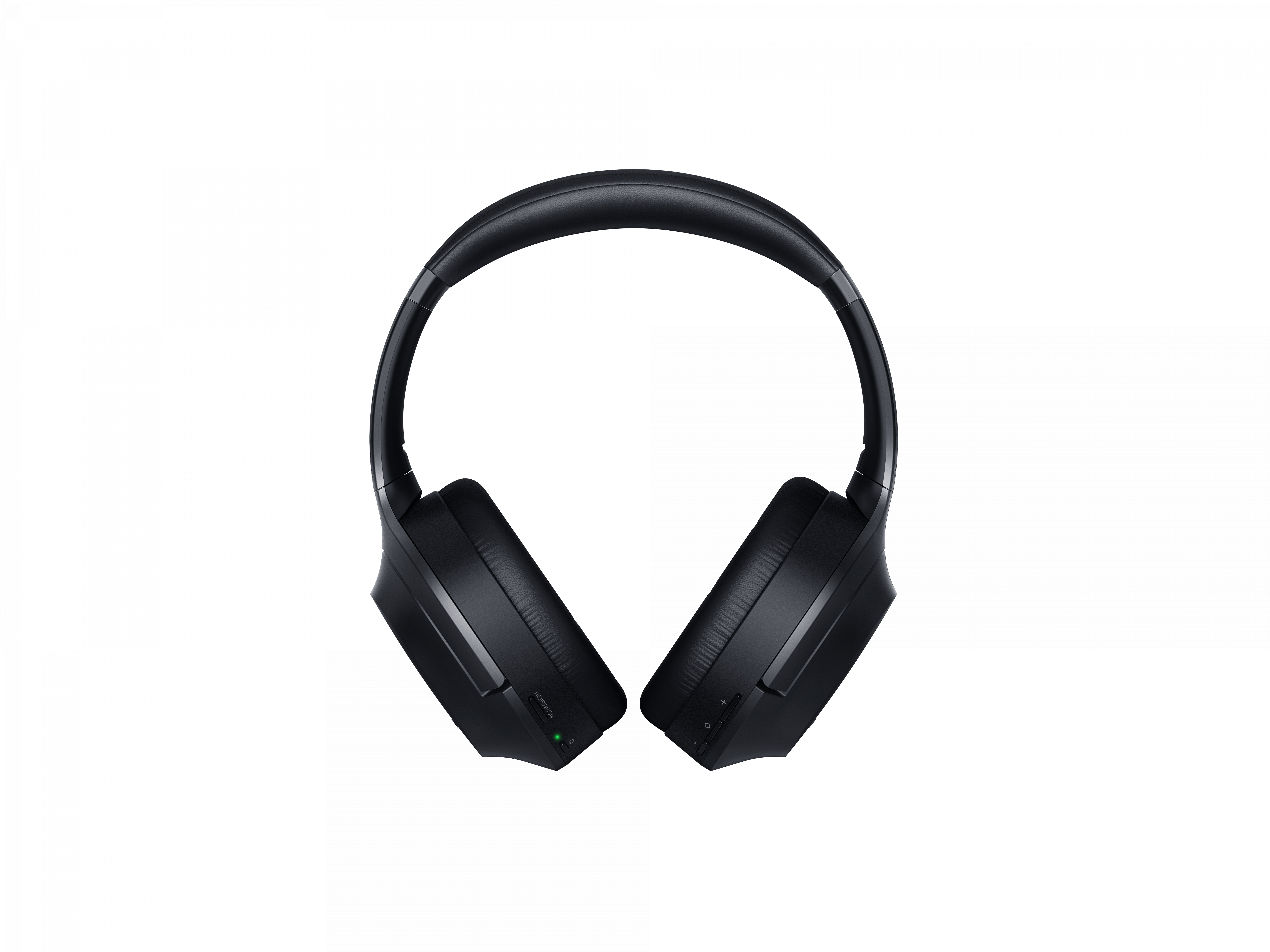 Schwarze Over-Ear-Kopfhörer, Draufsicht, mit klarem weißem Hintergrund, die Ohrmuscheln und das Kopfband zeigend.