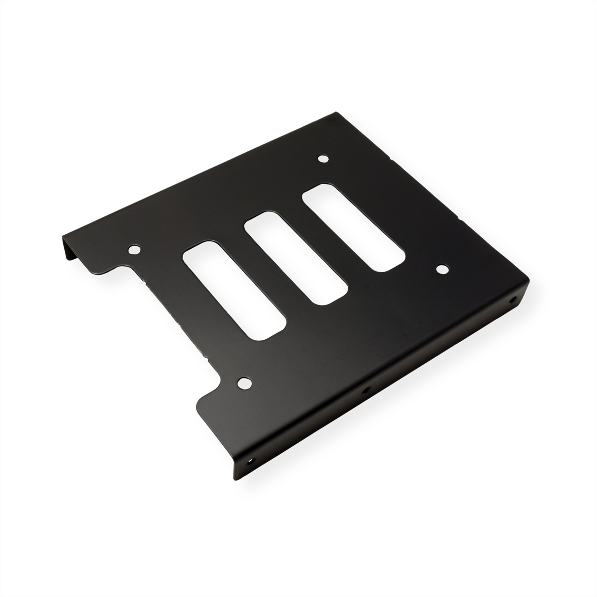 Ein schwarzes Metall-Computerteil mit drei rechteckigen Löchern und einem leicht erhöhten Rand. Auf weißem Grund.