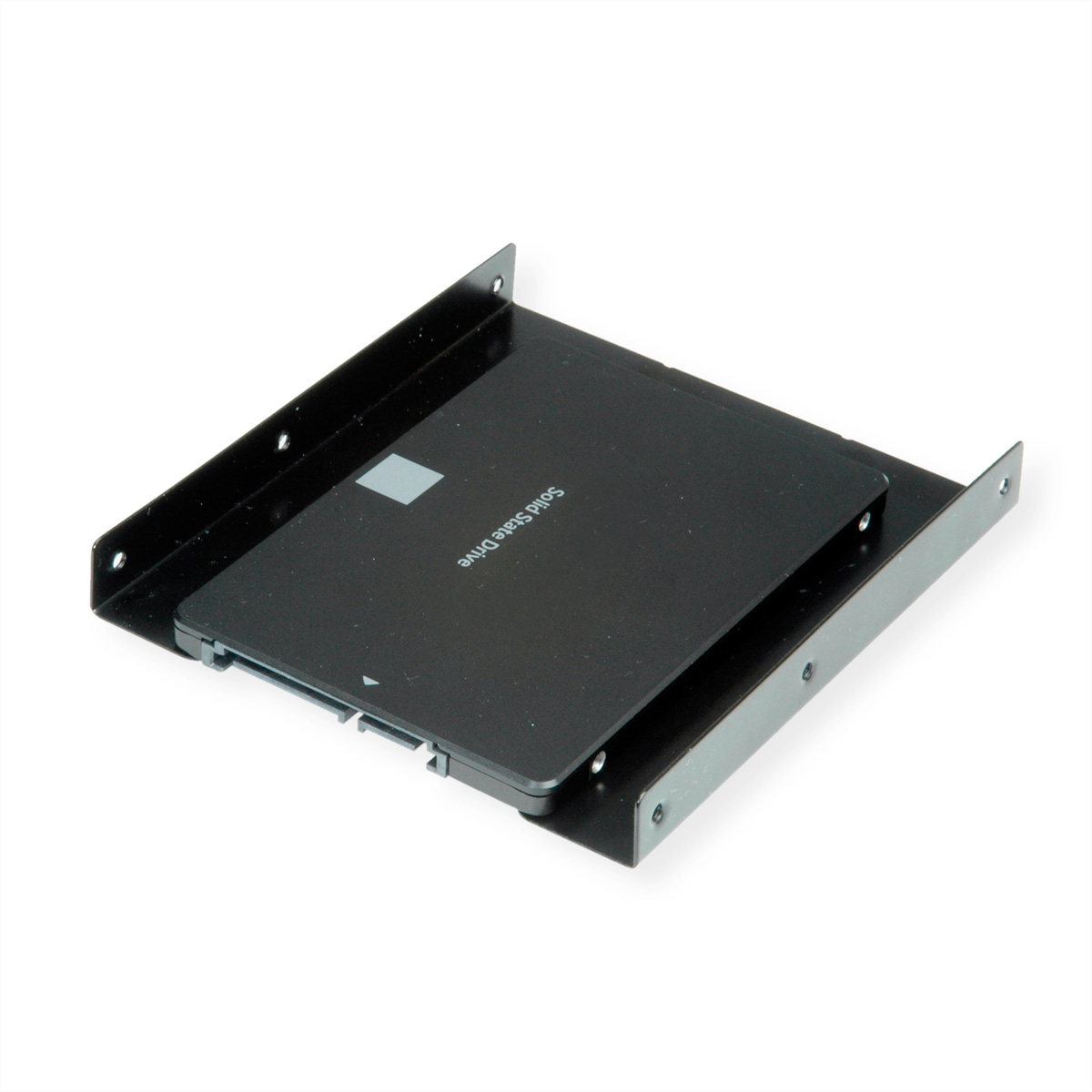 Eine schwarze SSD-Festplatte in einer Metallhalterung. Das Laufwerk ist mit dem Wort „Solid State Drive“ beschriftet.