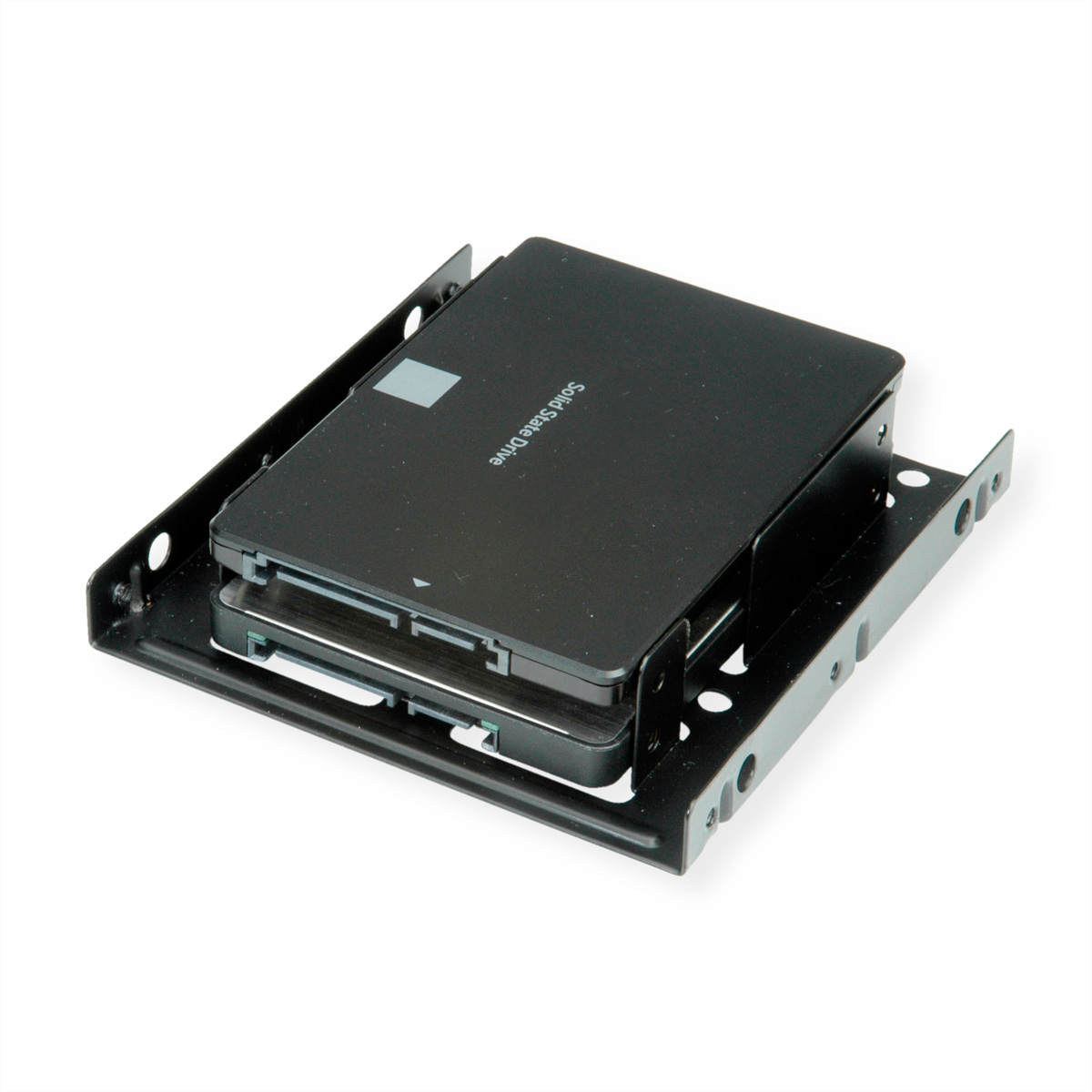 Schwarze Halterung mit zwei schwarzen SSDs, mit weißem Hintergrund.