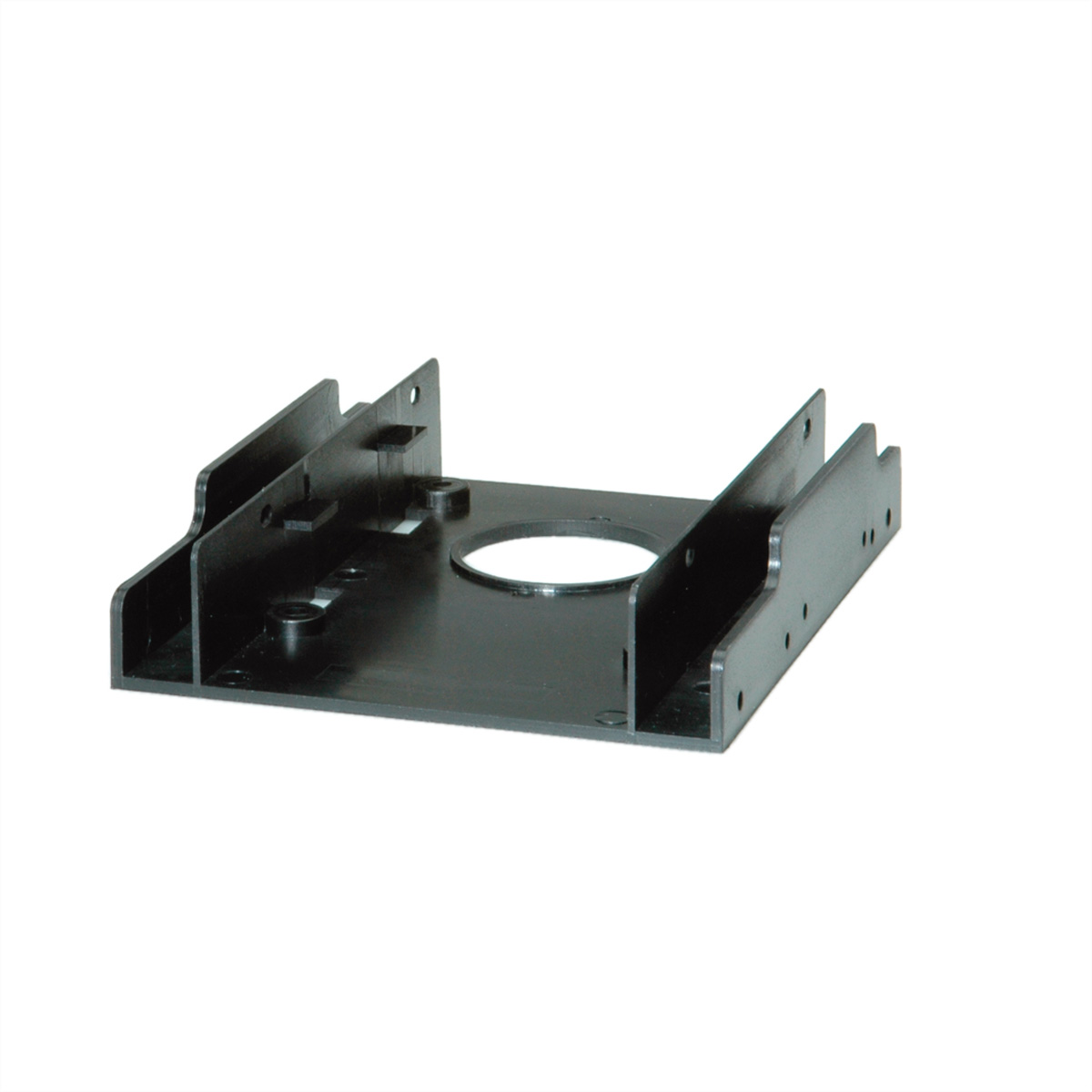 Eine schwarze Metallhalterung mit einem kreisförmigen Loch in der Mitte, auf einer weißen Oberfläche.