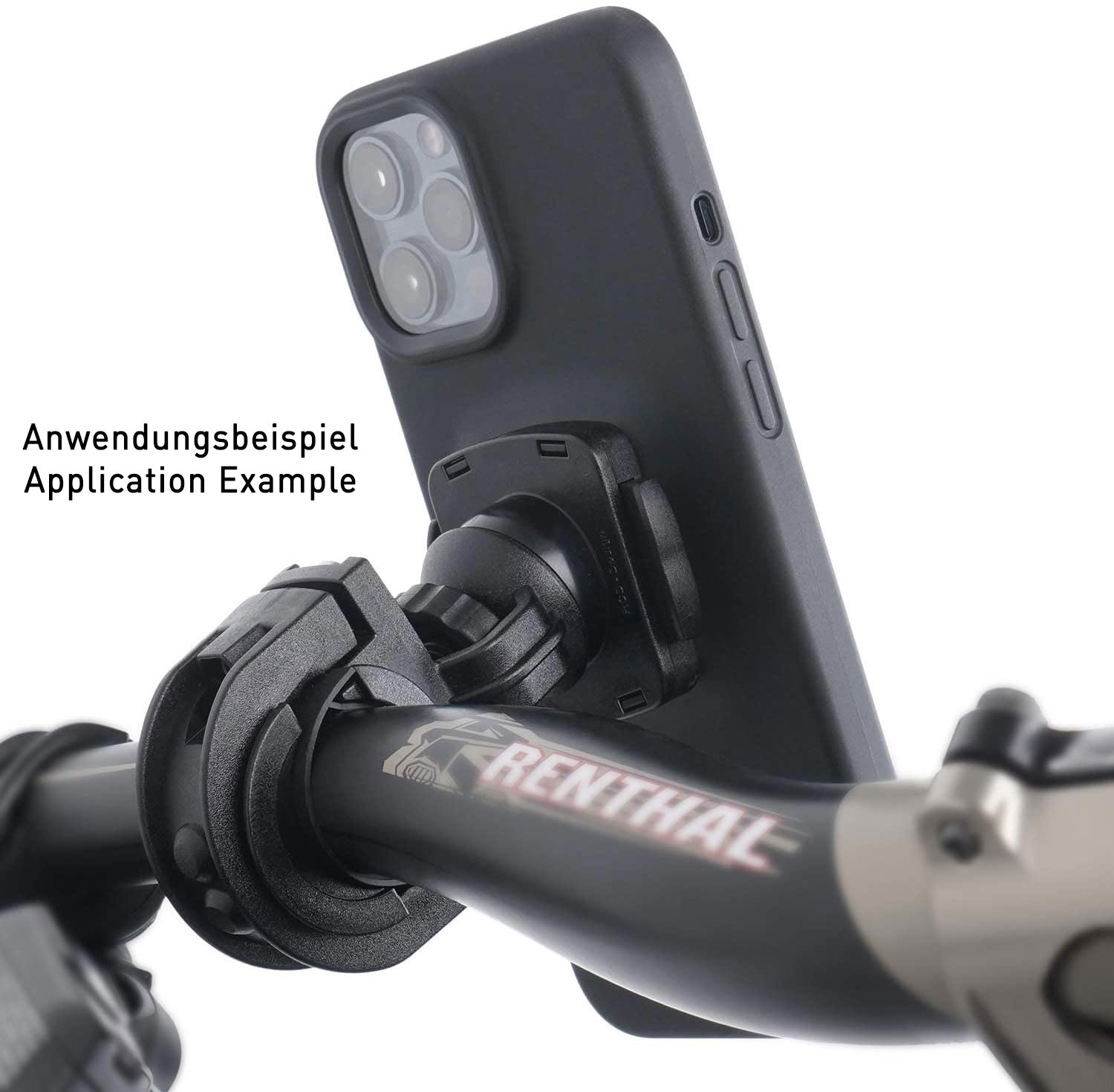 Telefon an Lenker montiert, Anwendungsbeispiel. Telefon ist in einer schwarzen Hülle.