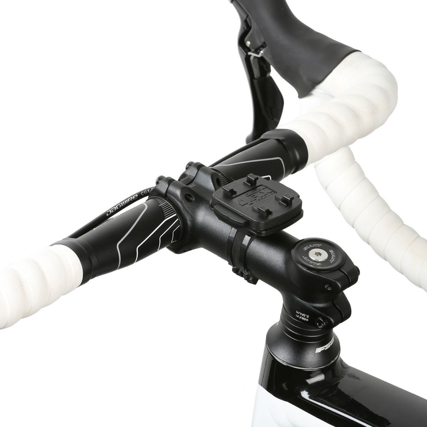Fahrradlenker mit Telefonhalterung, die Fahrradkomponenten und eine Halterung zeigt.