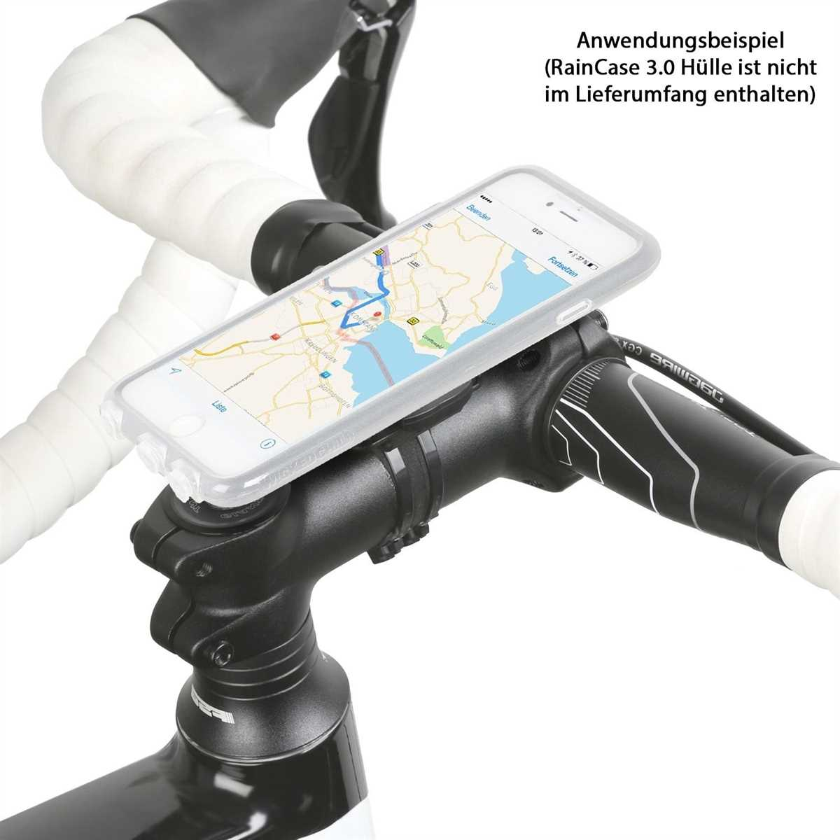 Ein Telefon ist am Vorbau eines Fahrrads montiert, das eine Karte anzeigt. Das Fahrrad ist weiß und schwarz.