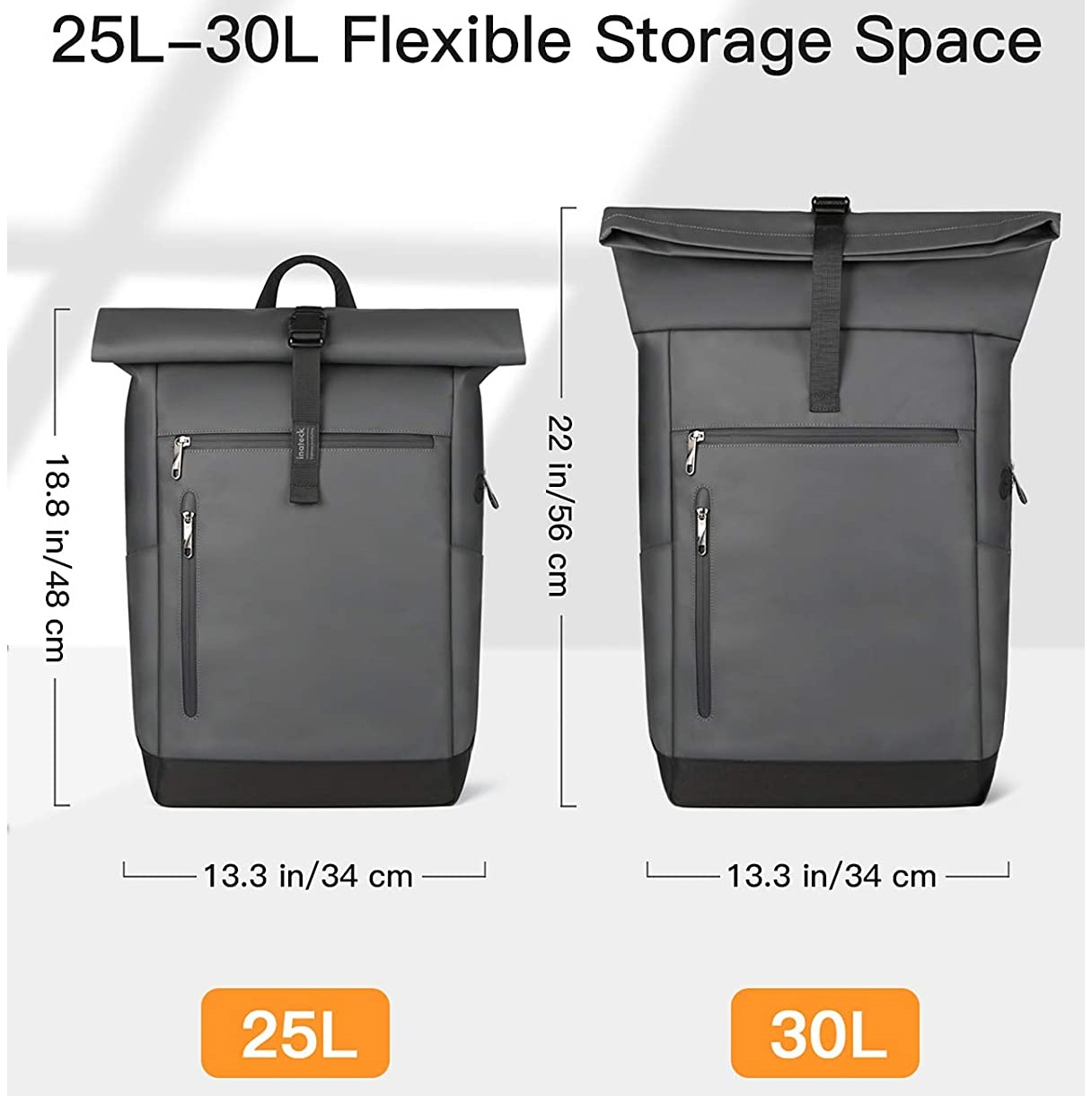Zwei graue Rucksäcke mit Maßen und Text: 25L und 30L. Weißer Hintergrund.