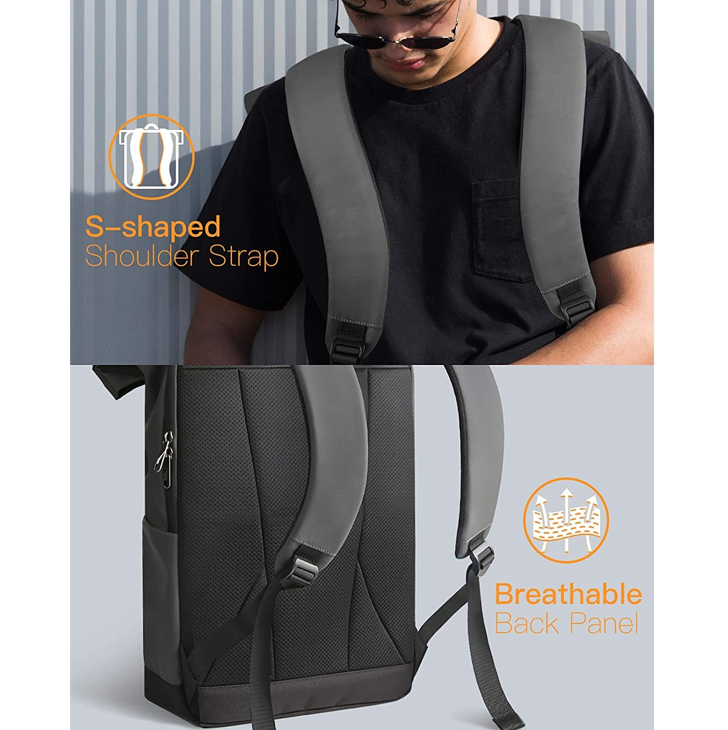 Rucksack mit grauen S-förmigen Trägern und atmungsaktivem Rückenteil.