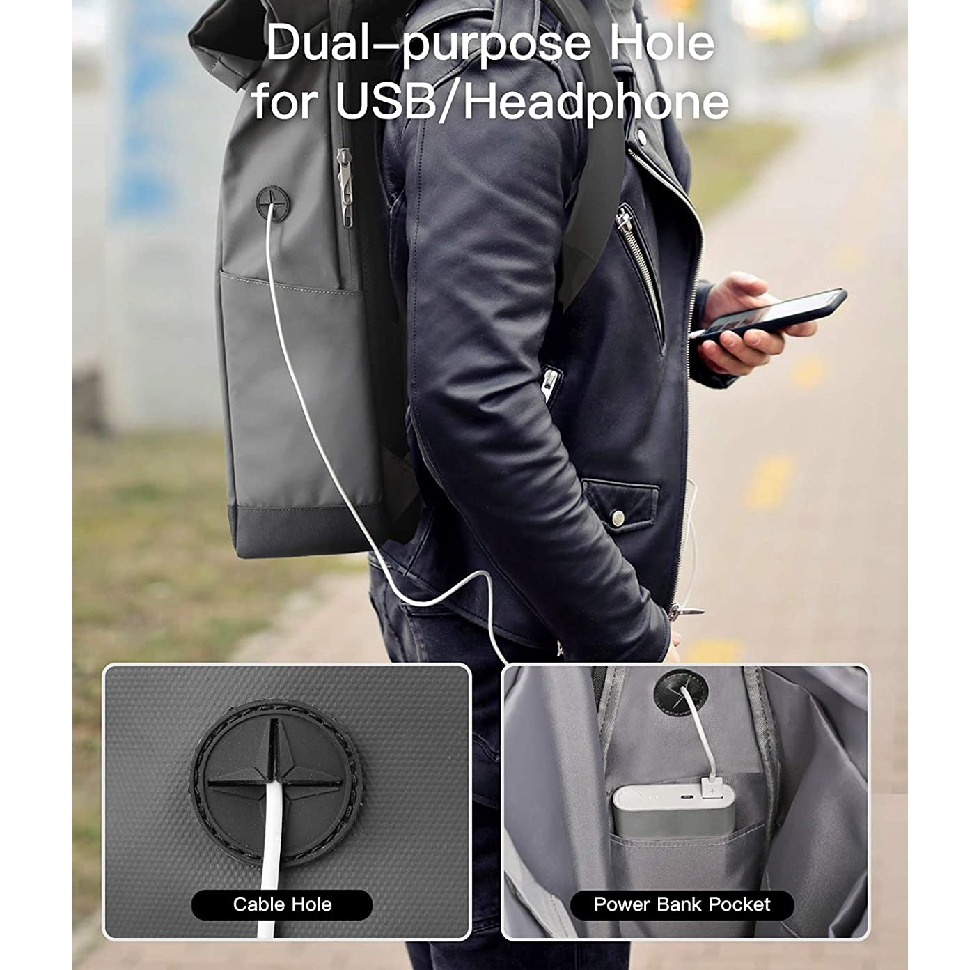 Person mit Rucksack mit Kabelloch und Powerbank-Tasche. Telefon in der Hand. Details gezeigt.