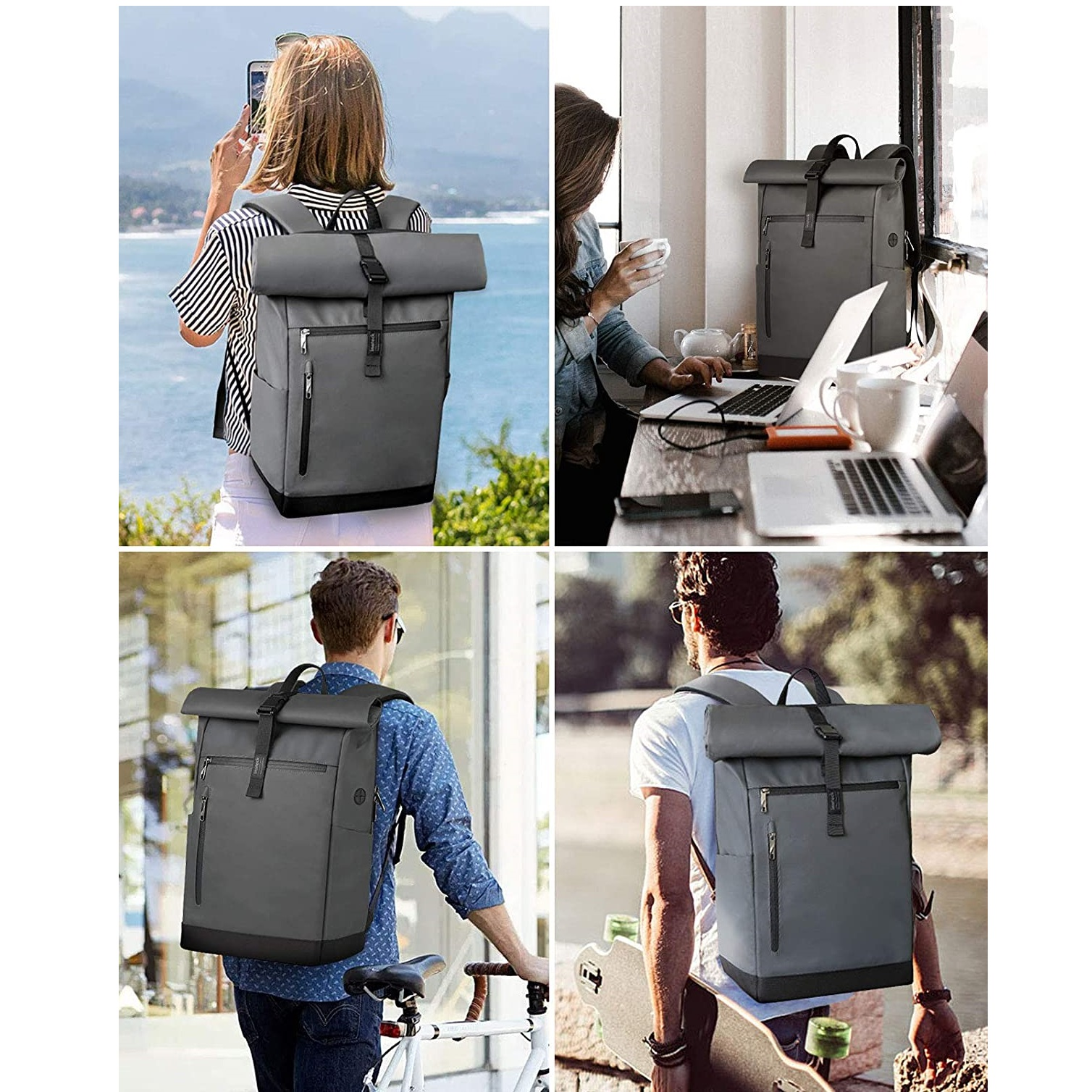 Collage eines grauen Rucksacks. Personen werden gezeigt, die den Rucksack in verschiedenen Umgebungen tragen.