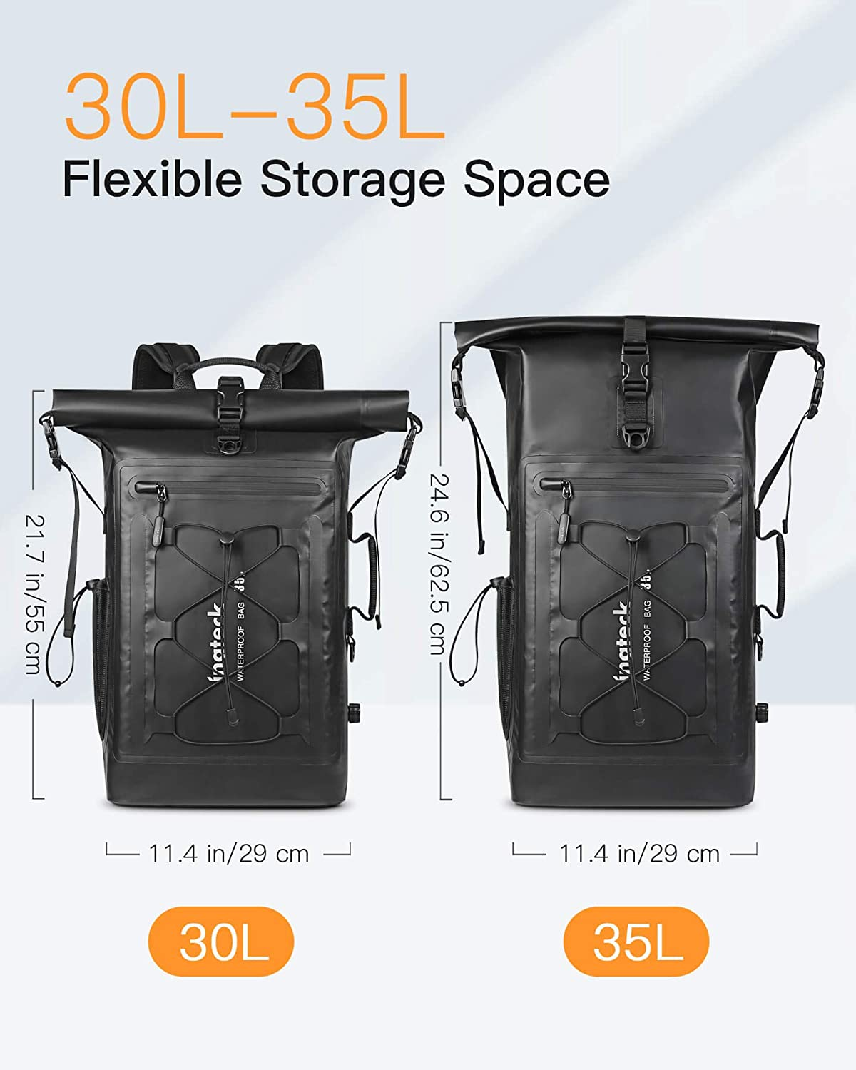 Zwei schwarze, wasserdichte Rucksäcke, einer 30L und einer 35L, mit angegebenen Abmessungen.