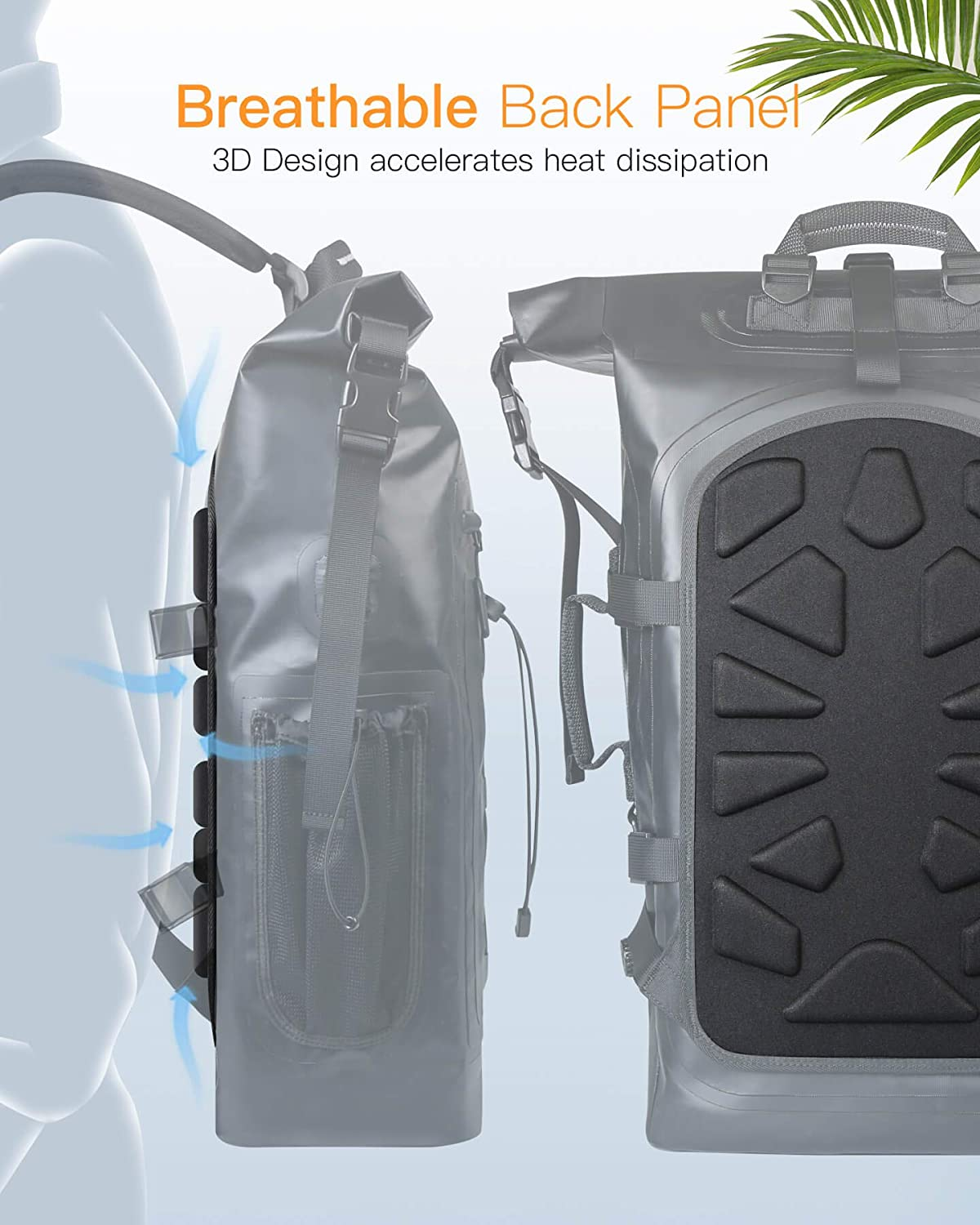 Ein Rucksack mit atmungsaktivem Rückenpanel-Design, mit 3D-Design zur Wärmeableitung.