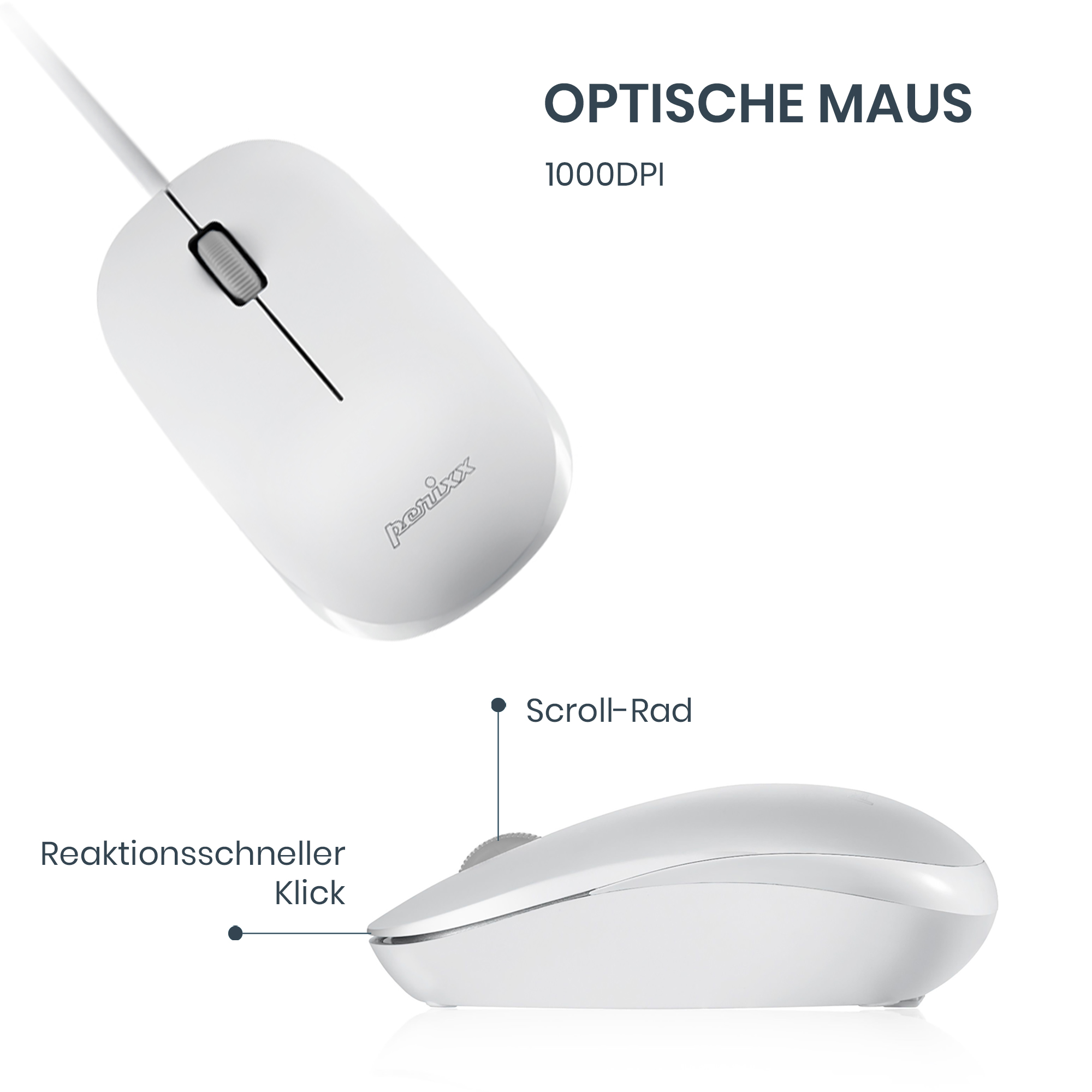 Weiße optische Maus mit Scrollrad und Kabel, Draufsicht und Seitenansicht.