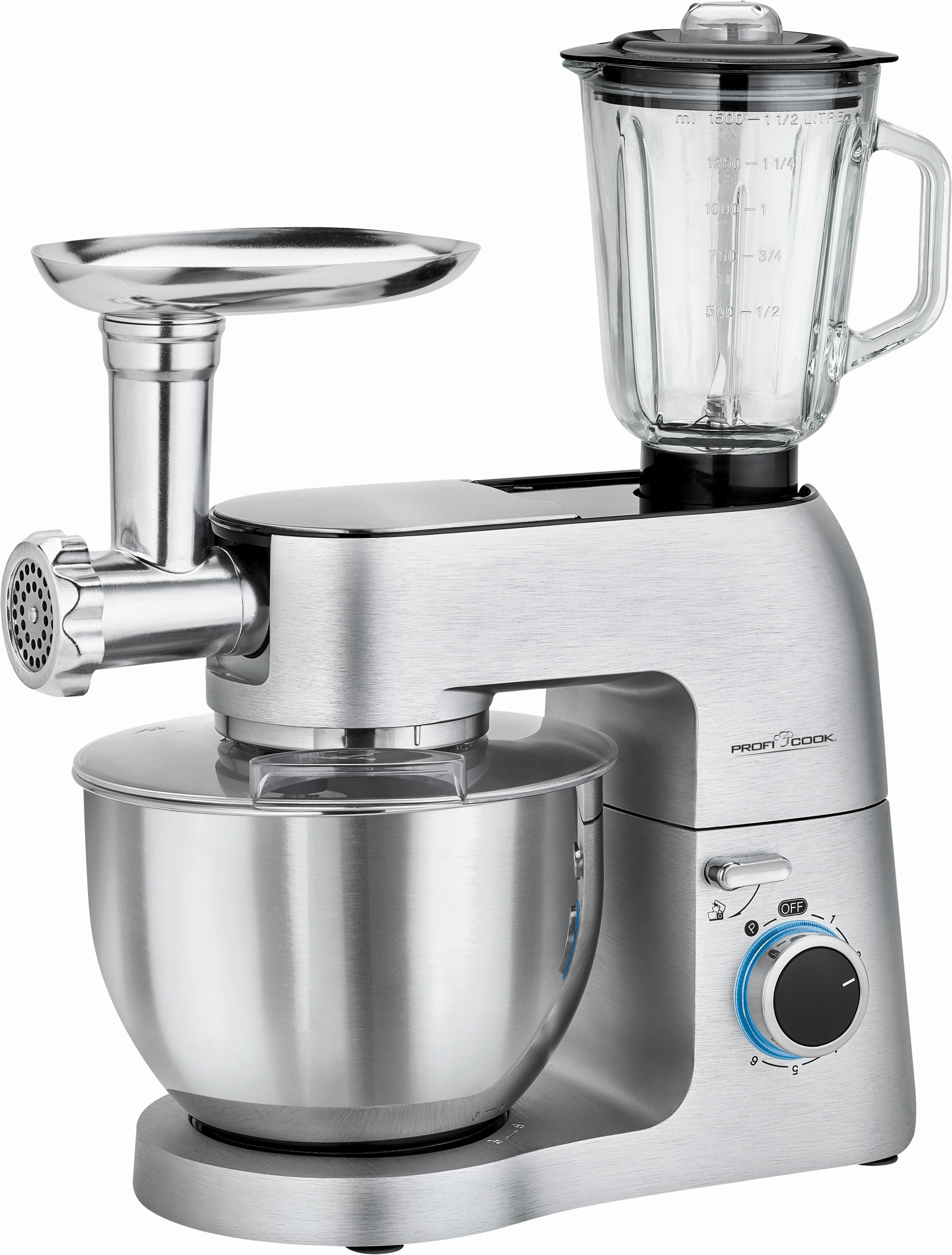 Proficook Pckm 1189 amasadora batidora y picadora de carne 3 1 carcasa aluminio fundido maciza con 1500 8 niveles velocidad engranaje metal profesional color plateado km robot cocina 67 litros accesorios 15l 1500w