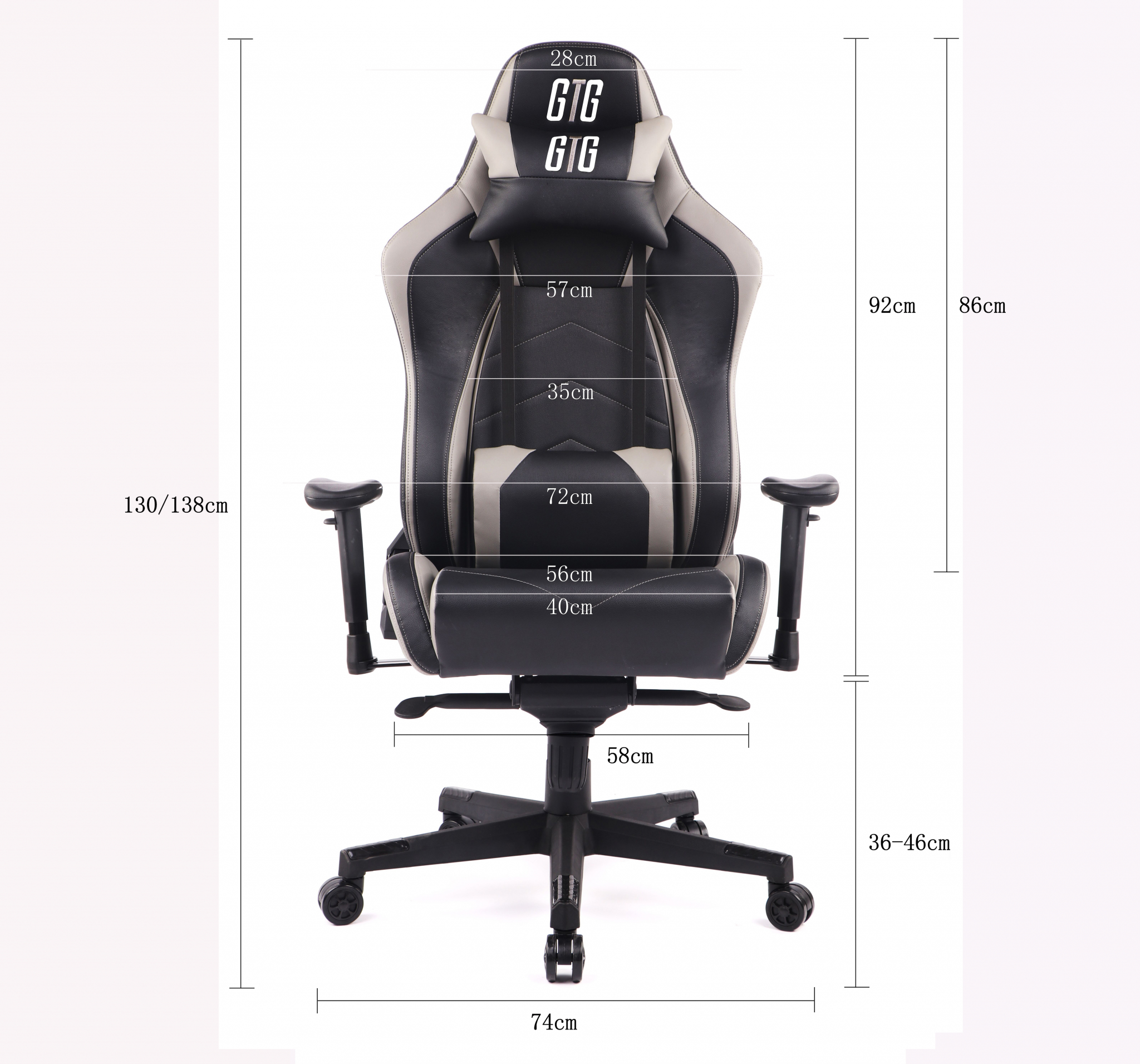 Schwarzer und grauer Gaming-Stuhl mit Abmessungen, einschließlich Höhe, Breite und Tiefe.