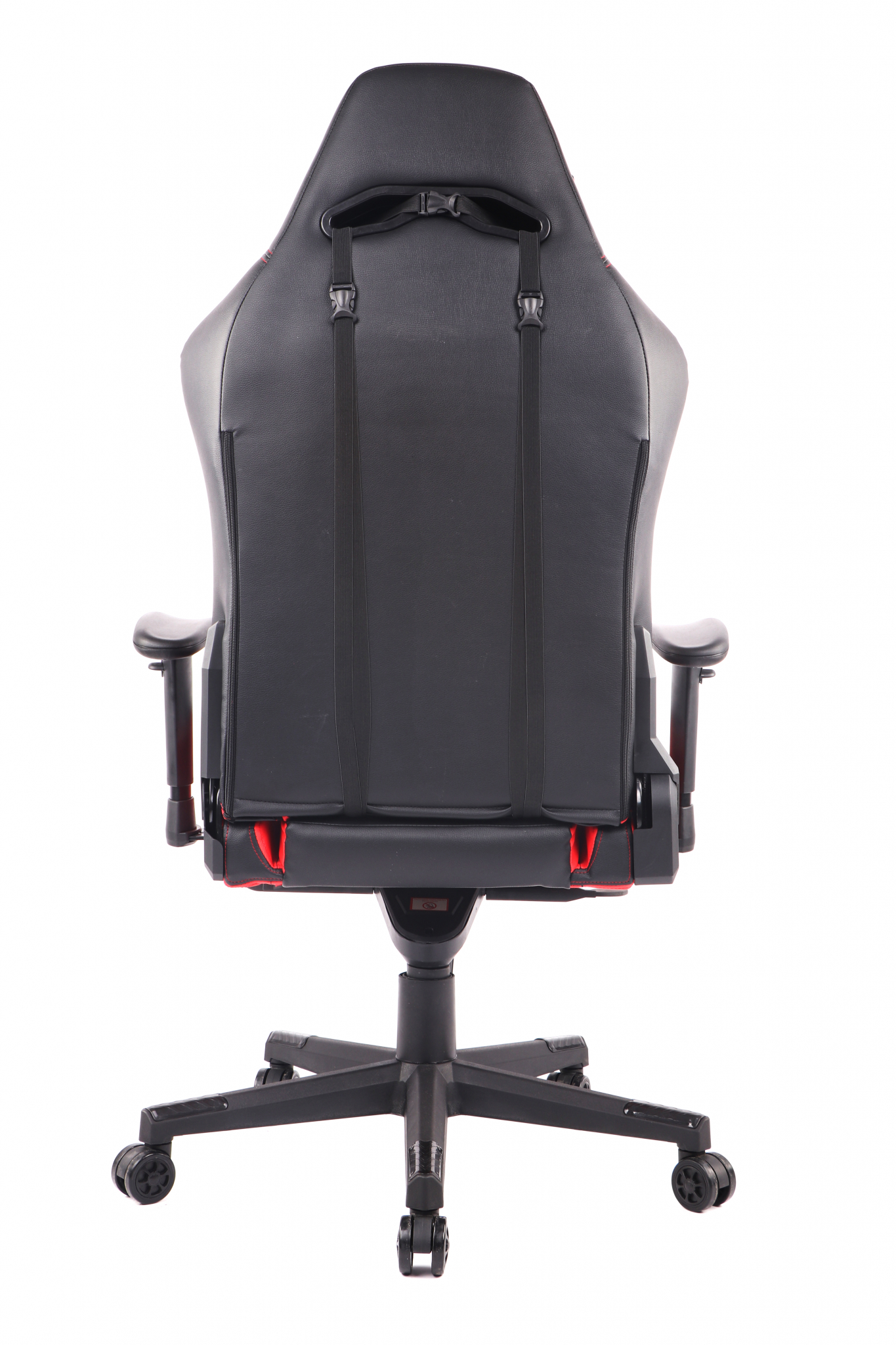 Schwarzer Gaming-Stuhl von hinten gesehen, zeigt die Rückenlehne und das Gestell.
