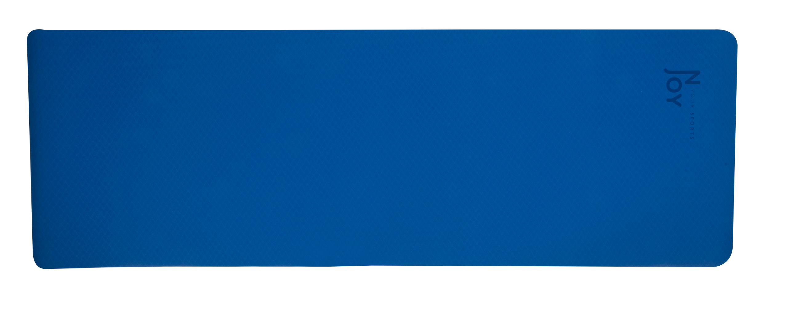 Eine blaue Yogamatte liegt auf weißem Grund. Die Marke Joy ist sichtbar.