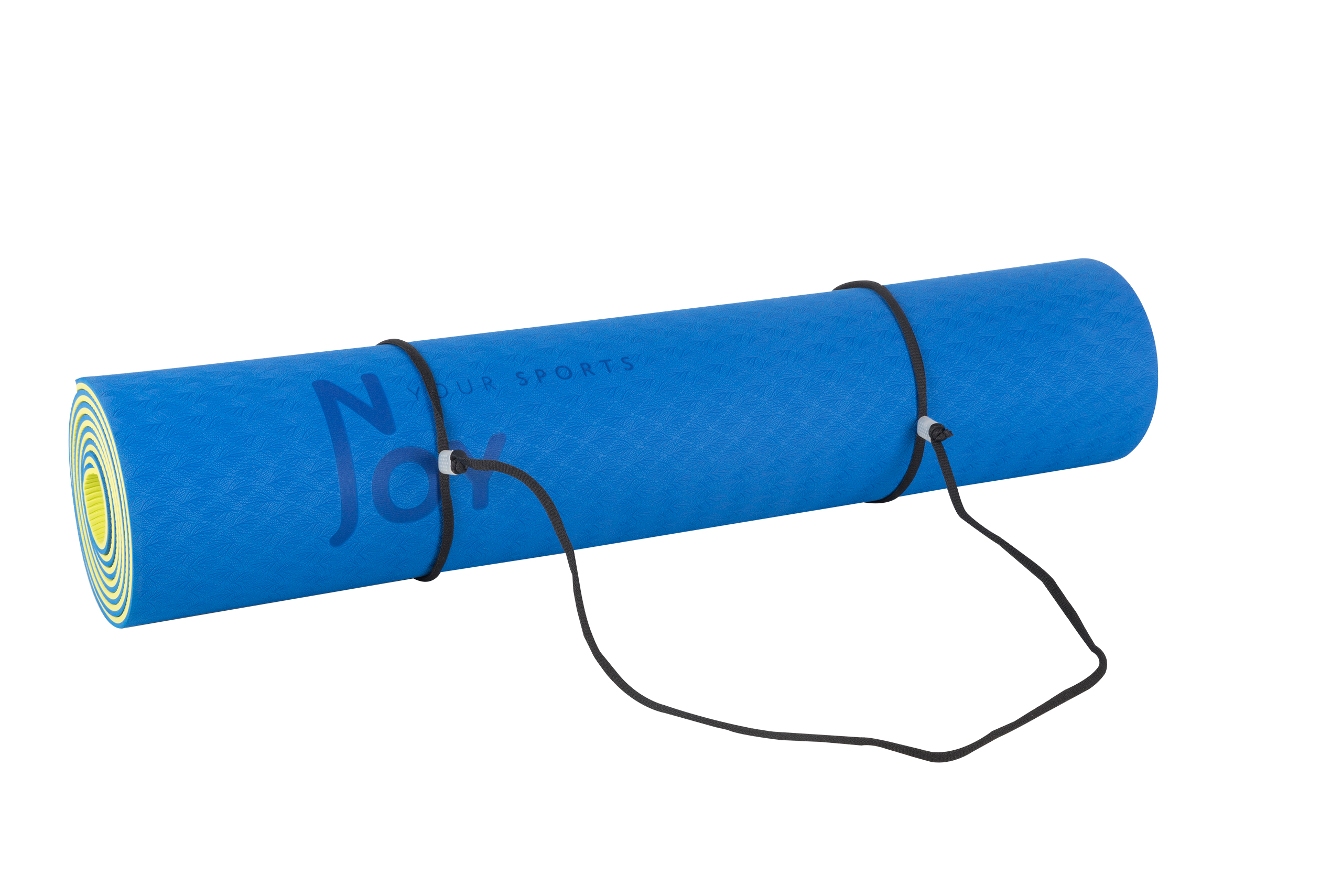 Gerollte blaue Yogamatte mit schwarzen Riemen und einem schwarzen Trageriemen.