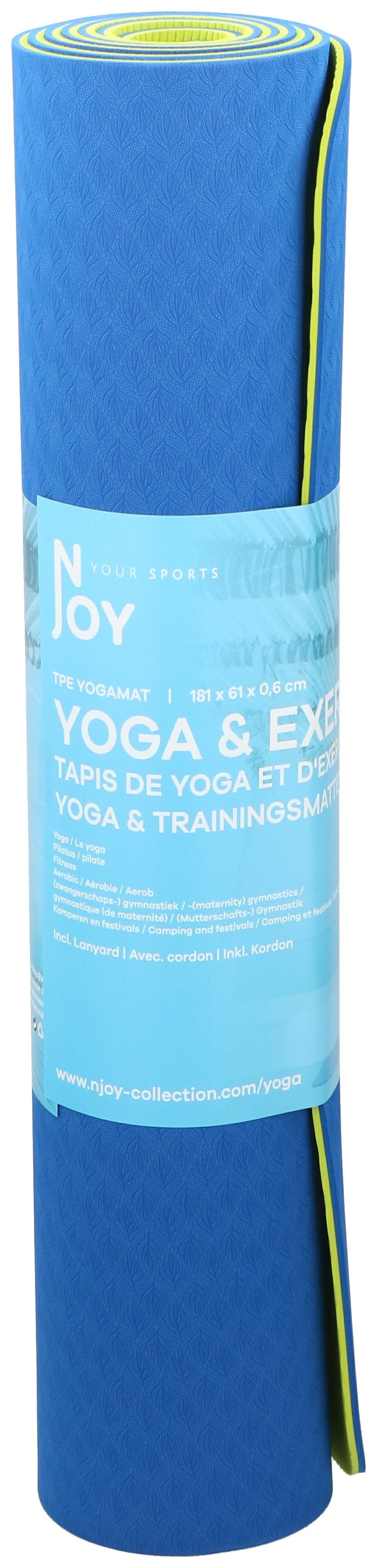 Gerollte blaue Yogamatte mit gelben Rändern, beschriftet mit 'Yoga & Exercise'.