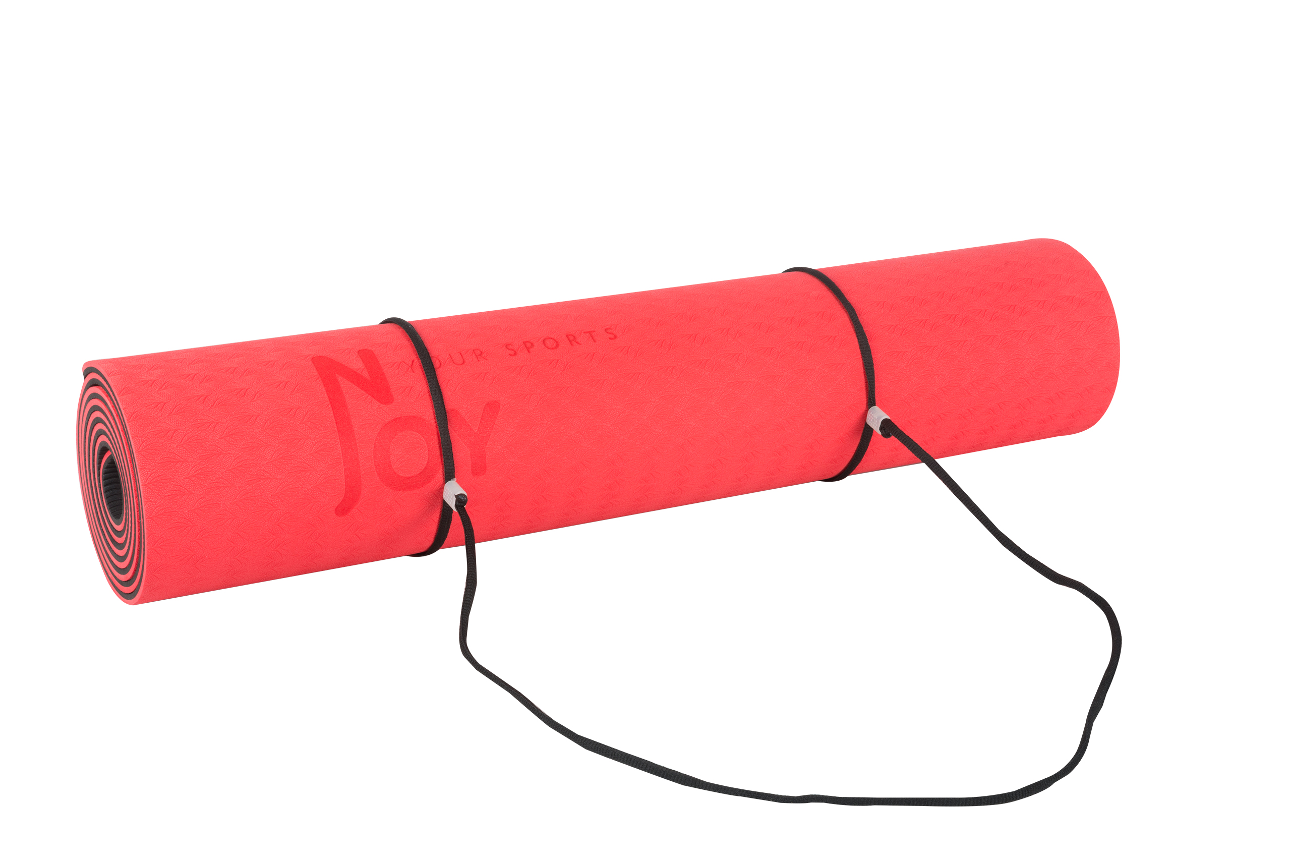 Gerollte rote Yogamatte mit schwarzen Gurten.