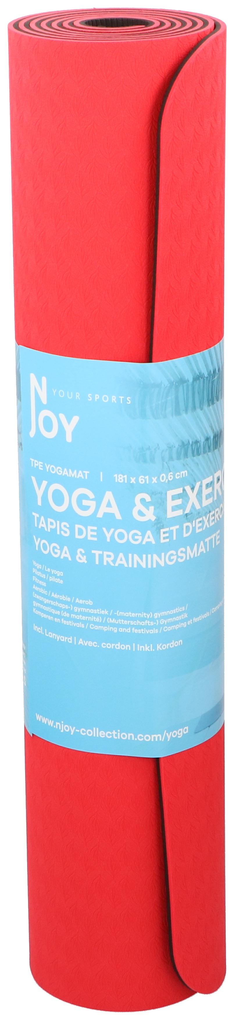 Eine aufgerollte rote Yogamatte mit Text an der Seite. Der Text enthält 'JOY' und 'YOGA & EXERCISE'.