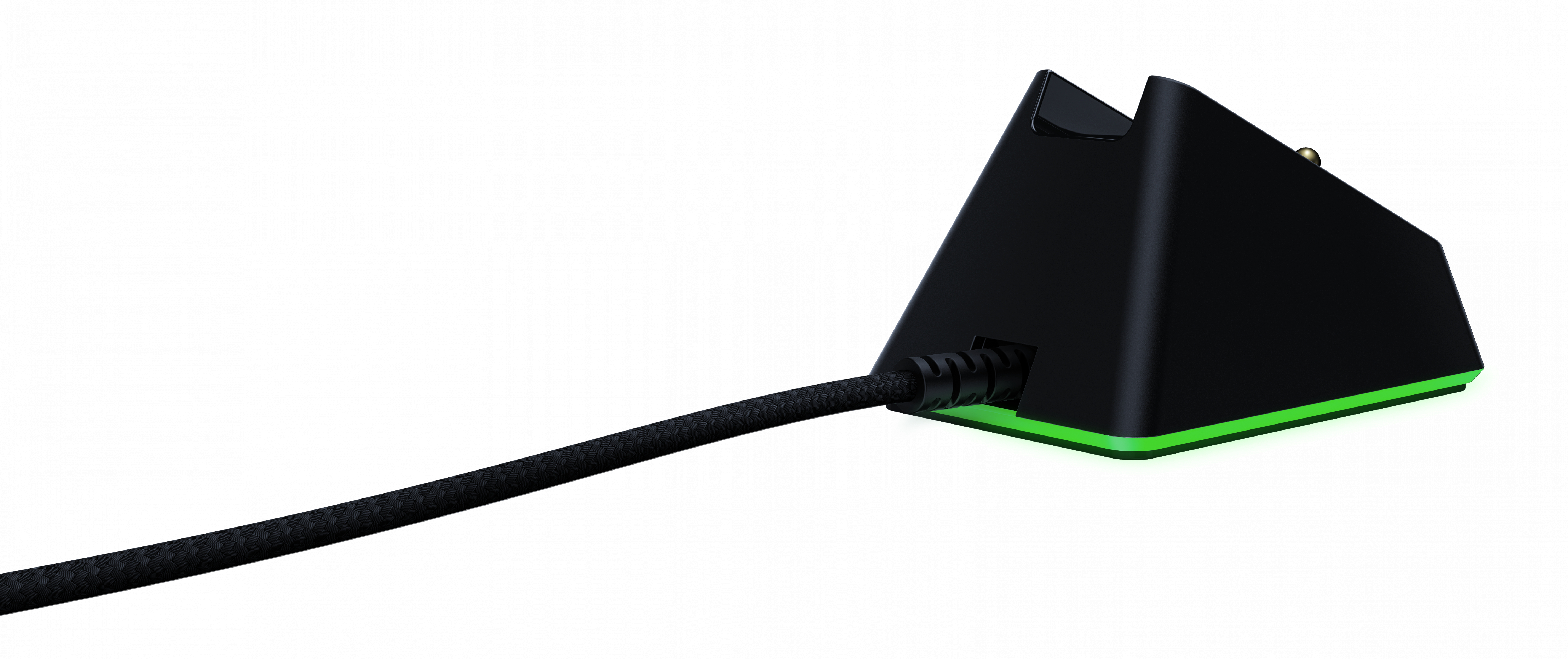Eine schwarze Ladestation mit einem grünen Licht am Boden. Ein Kabel ist an der Seite angeschlossen.
