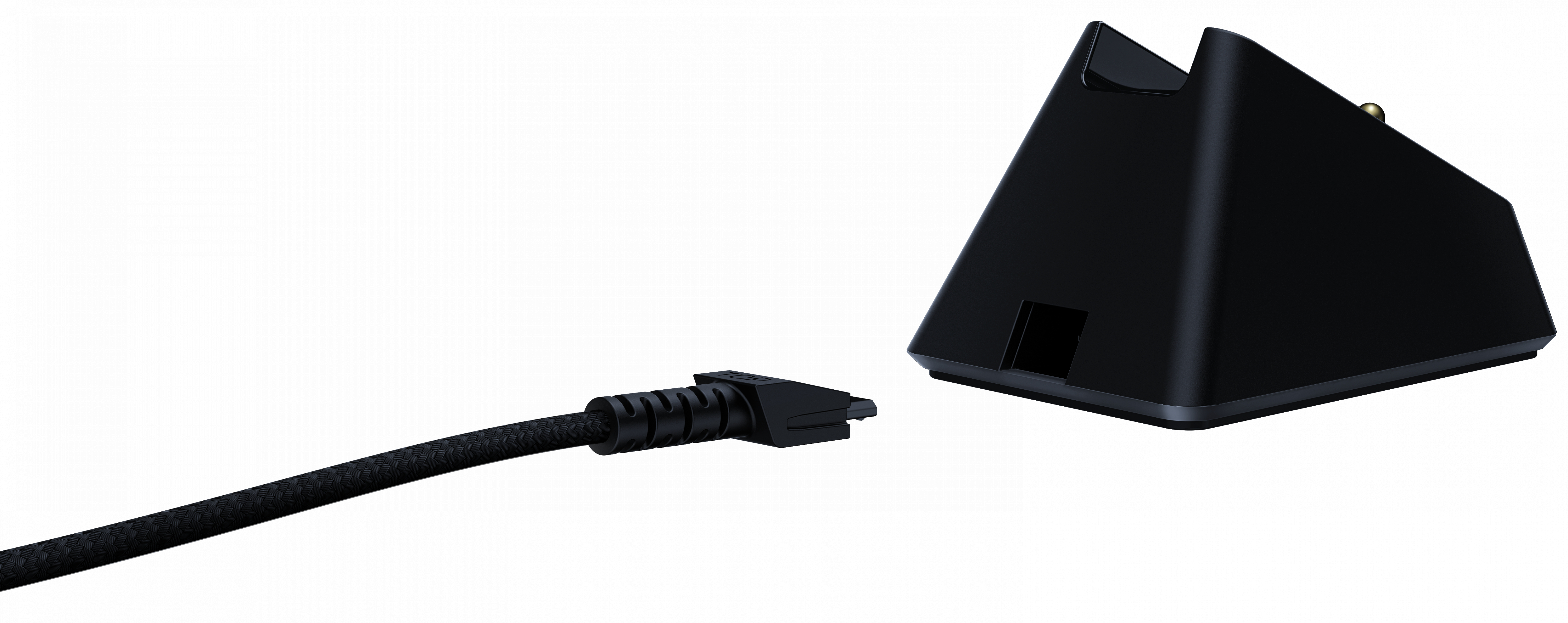 Eine schwarze Ladestation und ein schwarzes Kabel mit einem speziellen Stecker.