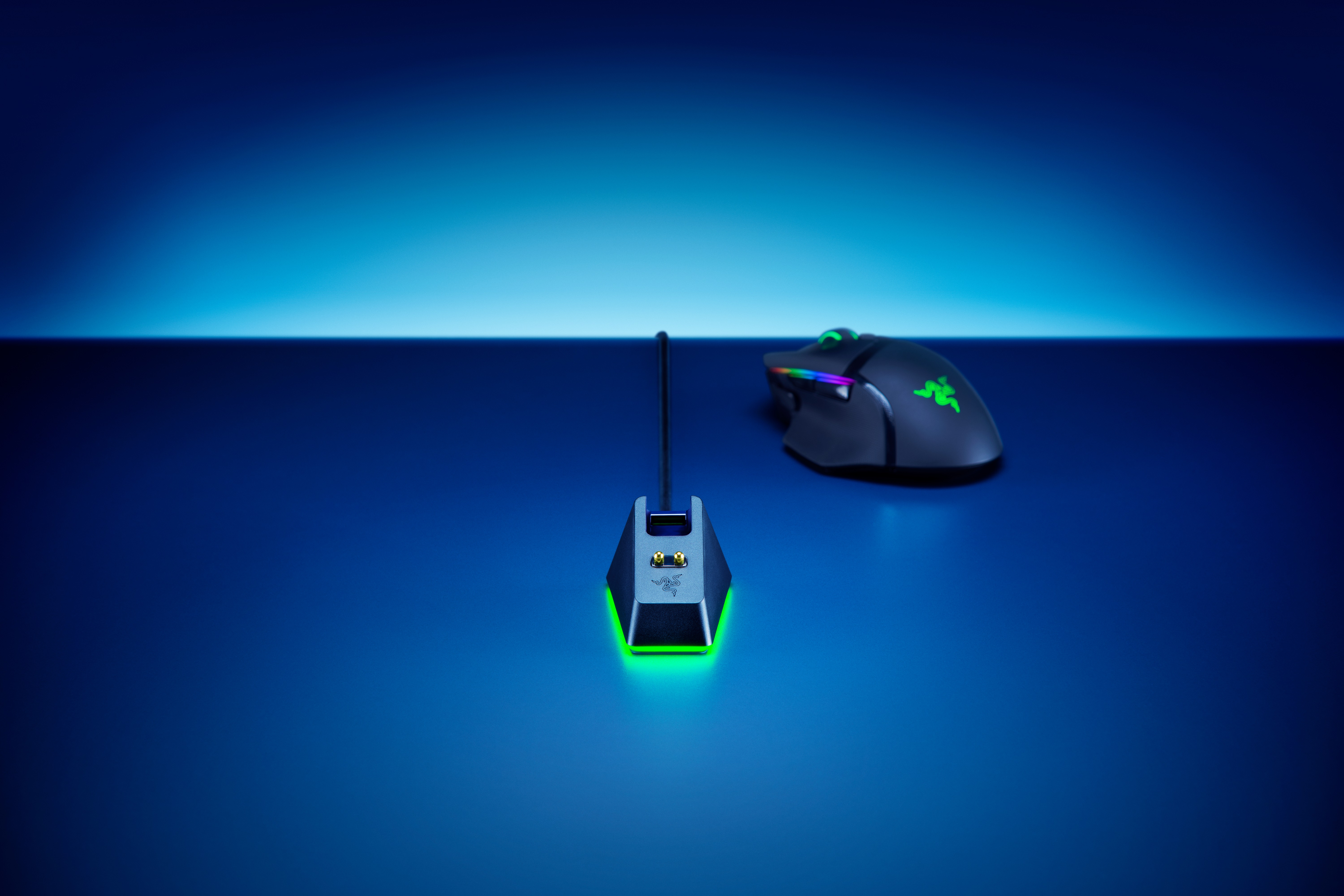 Gaming-Maus und ihr Empfänger auf einer blauen Oberfläche. Maus ist schwarz mit grünen Akzenten.
