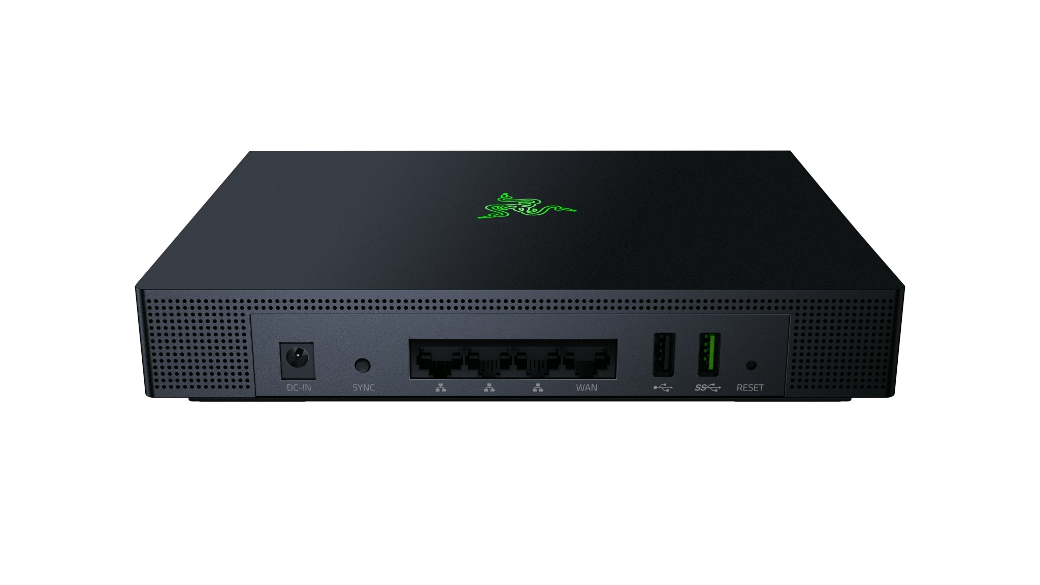 Czarny router Razer. Tylny panel zawiera porty i zielone logo Razer. Urządzenie na białym tle.