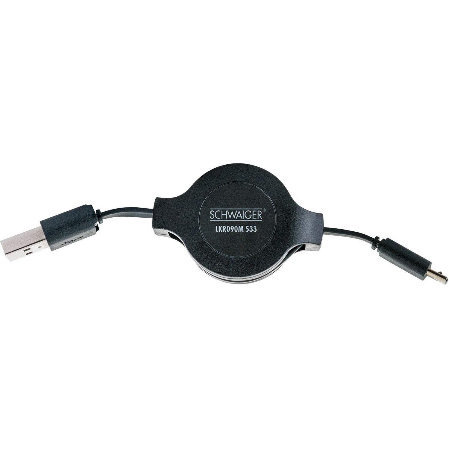 Schwarzes einziehbares USB- und Aux-Kabel, mit dem Markennamen SCHWAIGER auf dem Gerät.