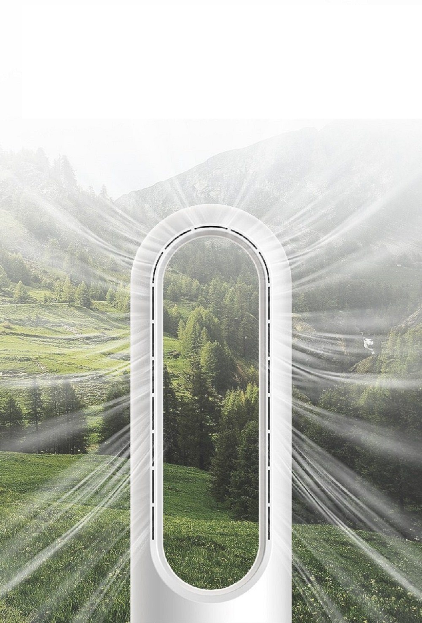 Weißer Ventilator mit geschwungenem Design, mit Luftstromlinien. Hintergrund: Berge und Bäume.
