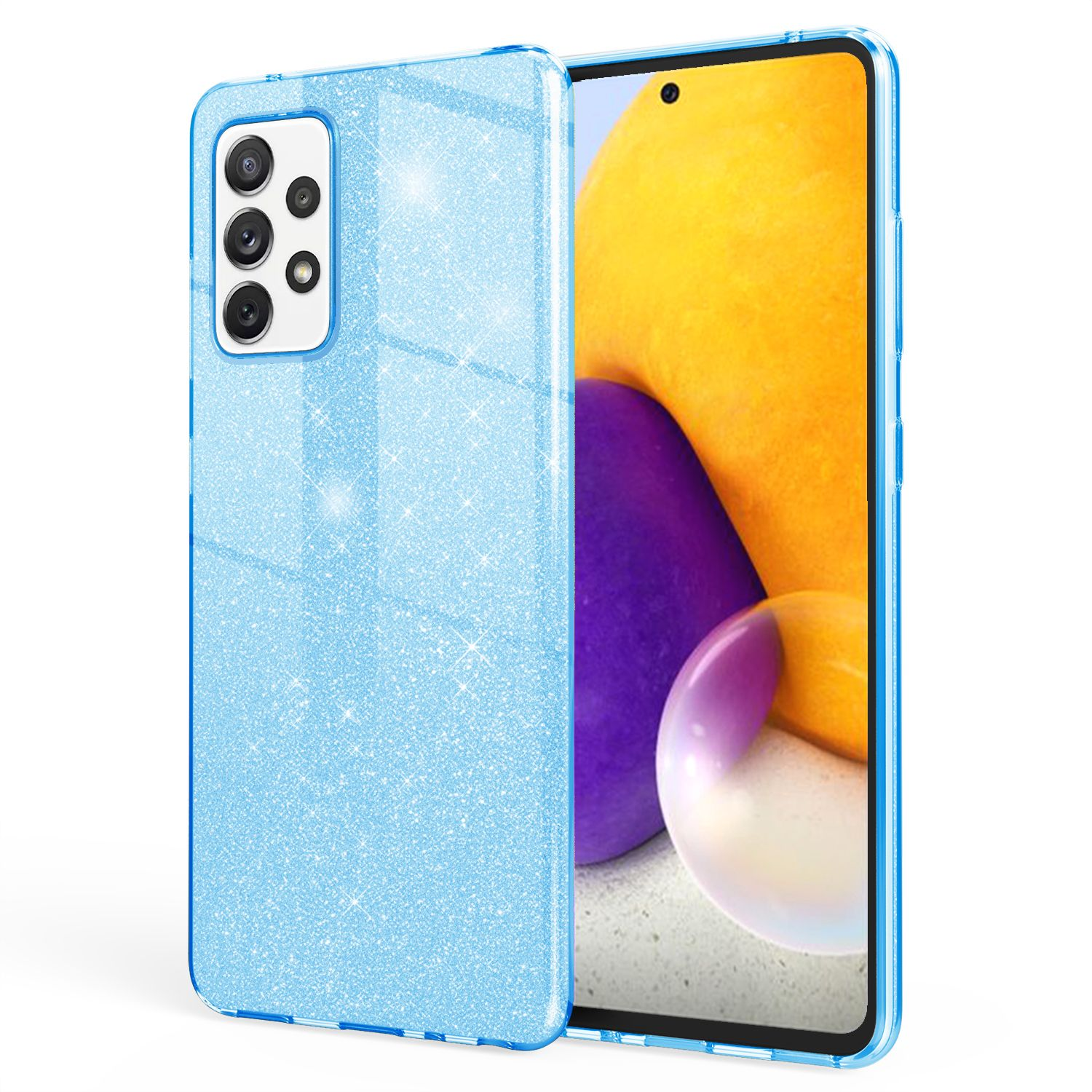 Glitzernde blaue Handyhülle auf einem Telefon. Das Telefon hat mehrere Kameras und einen Bildschirm.