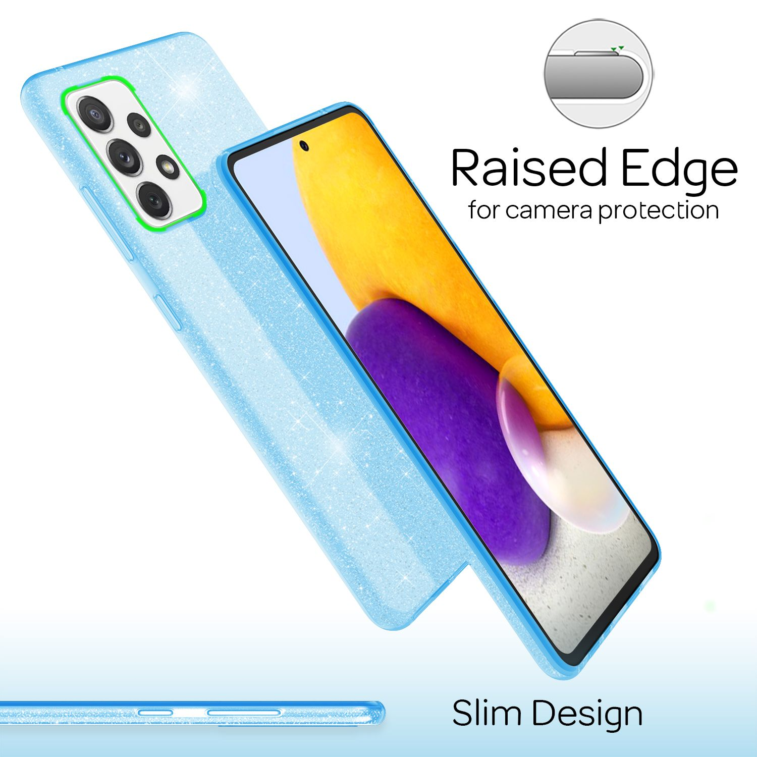 Eine blaue Handyhülle mit einem Telefon darin. Die Hülle ist glitzernd und hat erhöhten Kameraschutz.