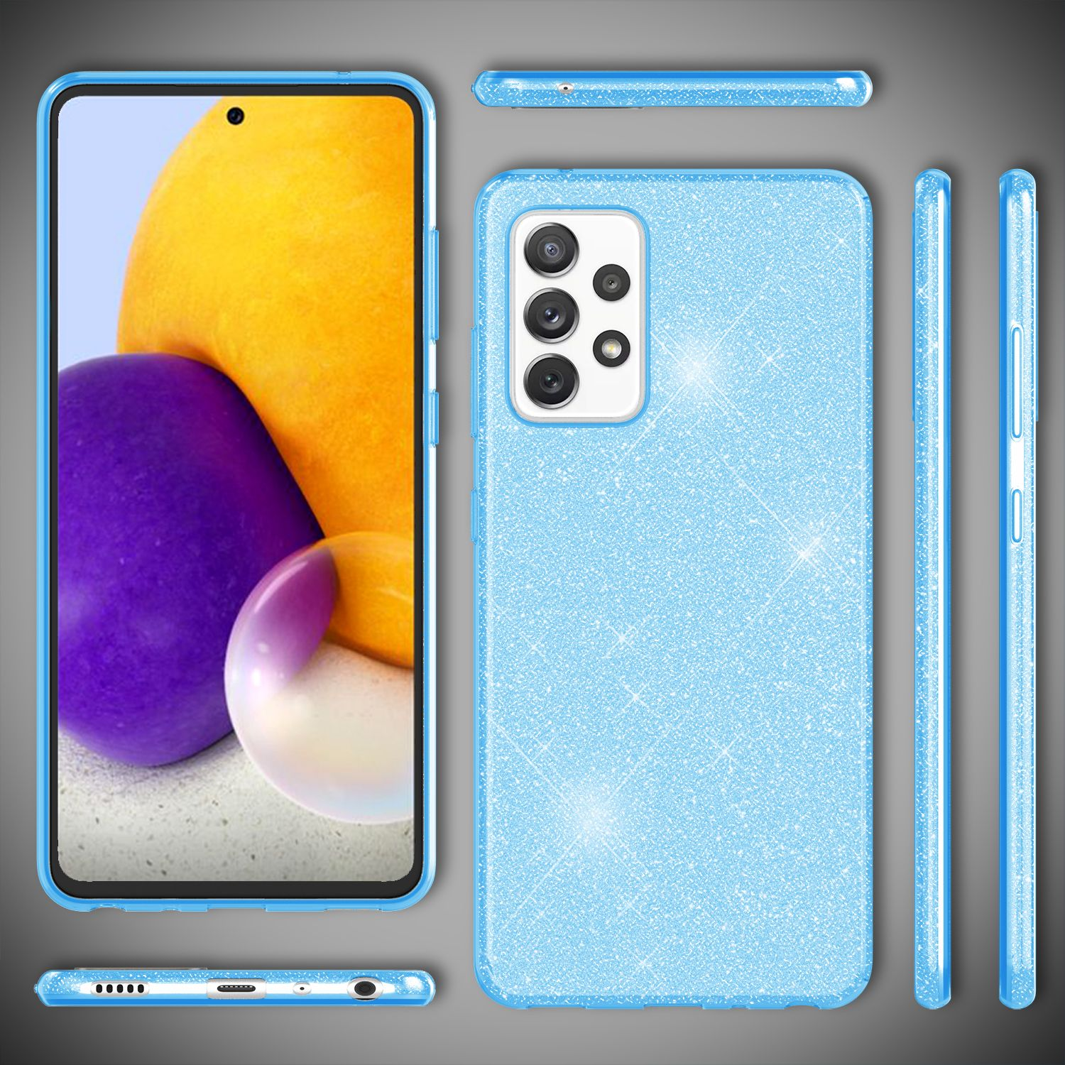 Hellblaue Handyhülle mit Glitzer, bedeckt ein Telefon. Mehrere Ansichten auf weißem Hintergrund.