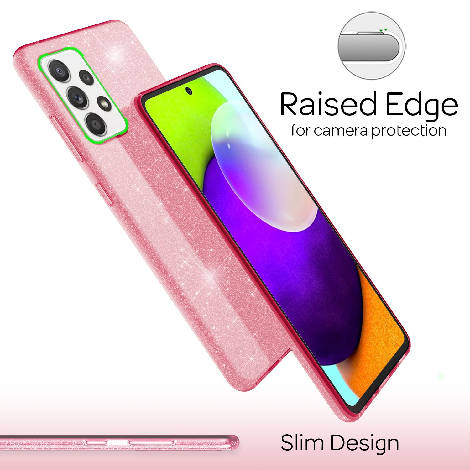 Rosa Handyhülle mit Kameraschutz und schlankem Design.