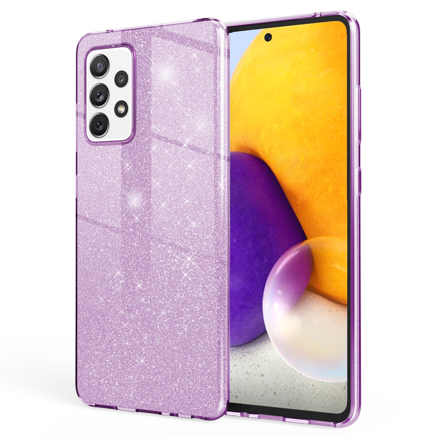 Eine lila Glitzer-Handyhülle auf einem Telefon, das Licht reflektiert, vor weißem Hintergrund.